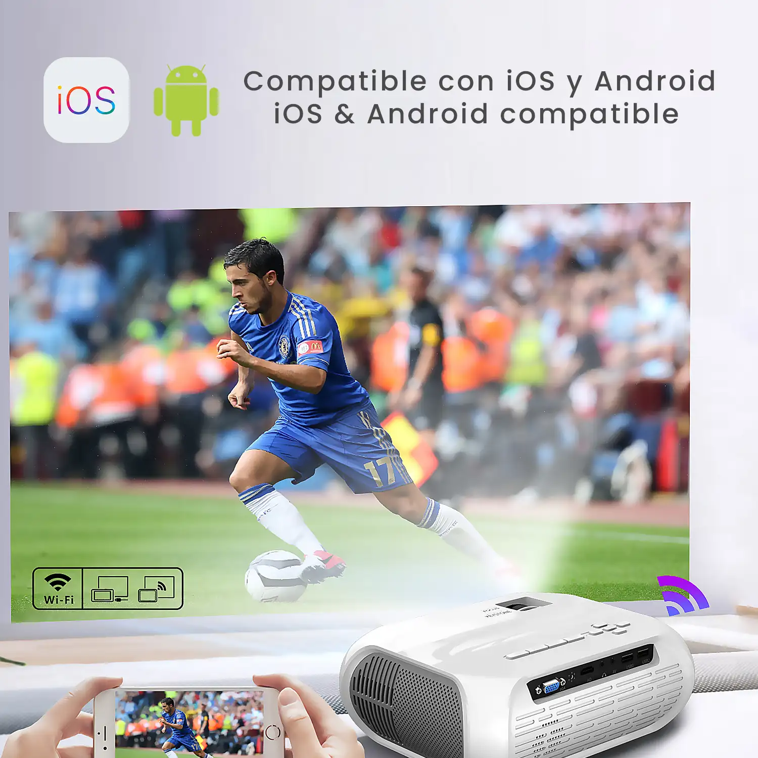 Proyector LCD T9 Wifi, FHD1080, duplicación de pantalla para iOS y Android. Conexión USB, HDMI y AV. De 40 a 140 pulgadas, 1800 lm. Con mando a distancia.