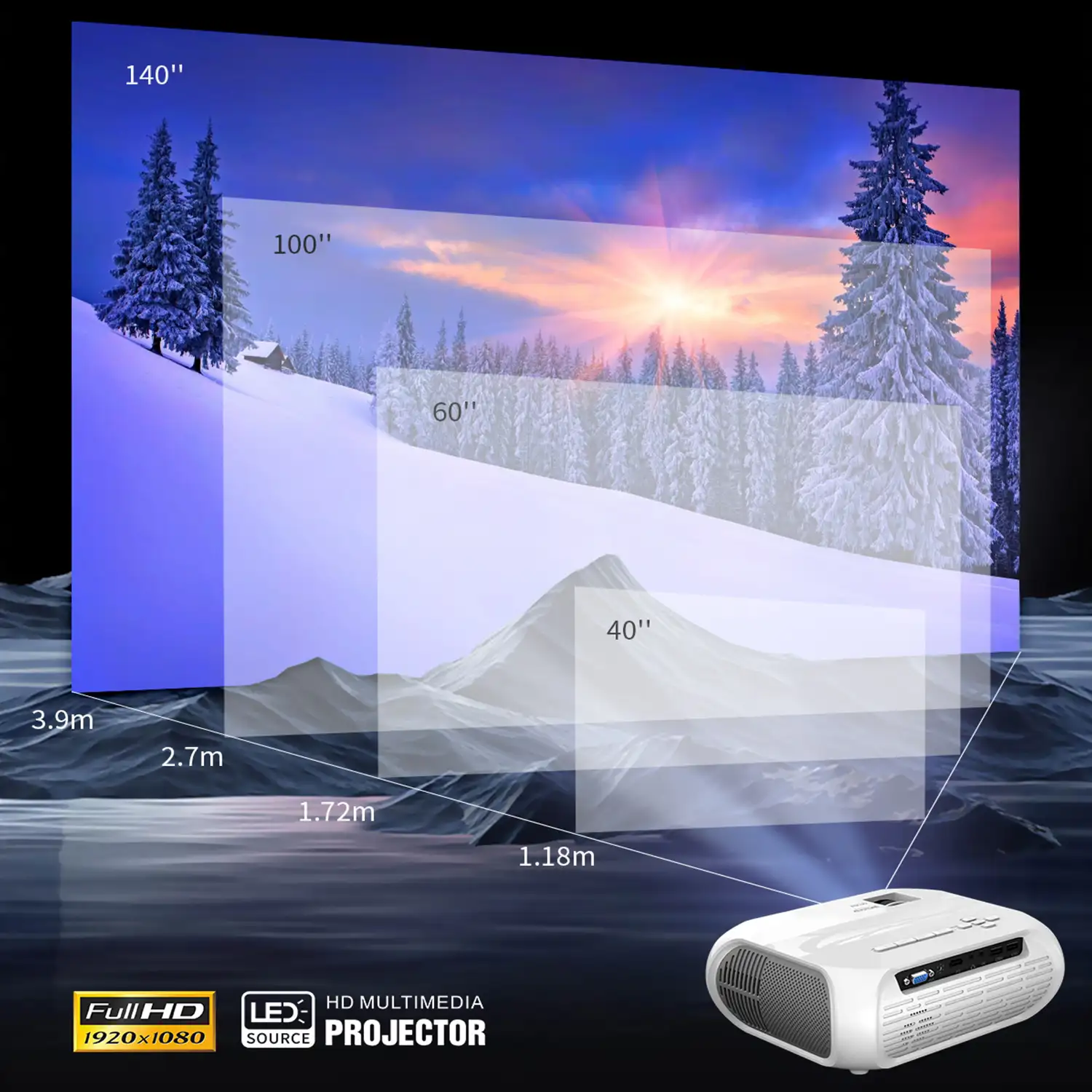 Proyector LCD T9 Wifi, FHD1080, duplicación de pantalla para iOS y Android. Conexión USB, HDMI y AV. De 40 a 140 pulgadas, 1800 lm. Con mando a distancia.