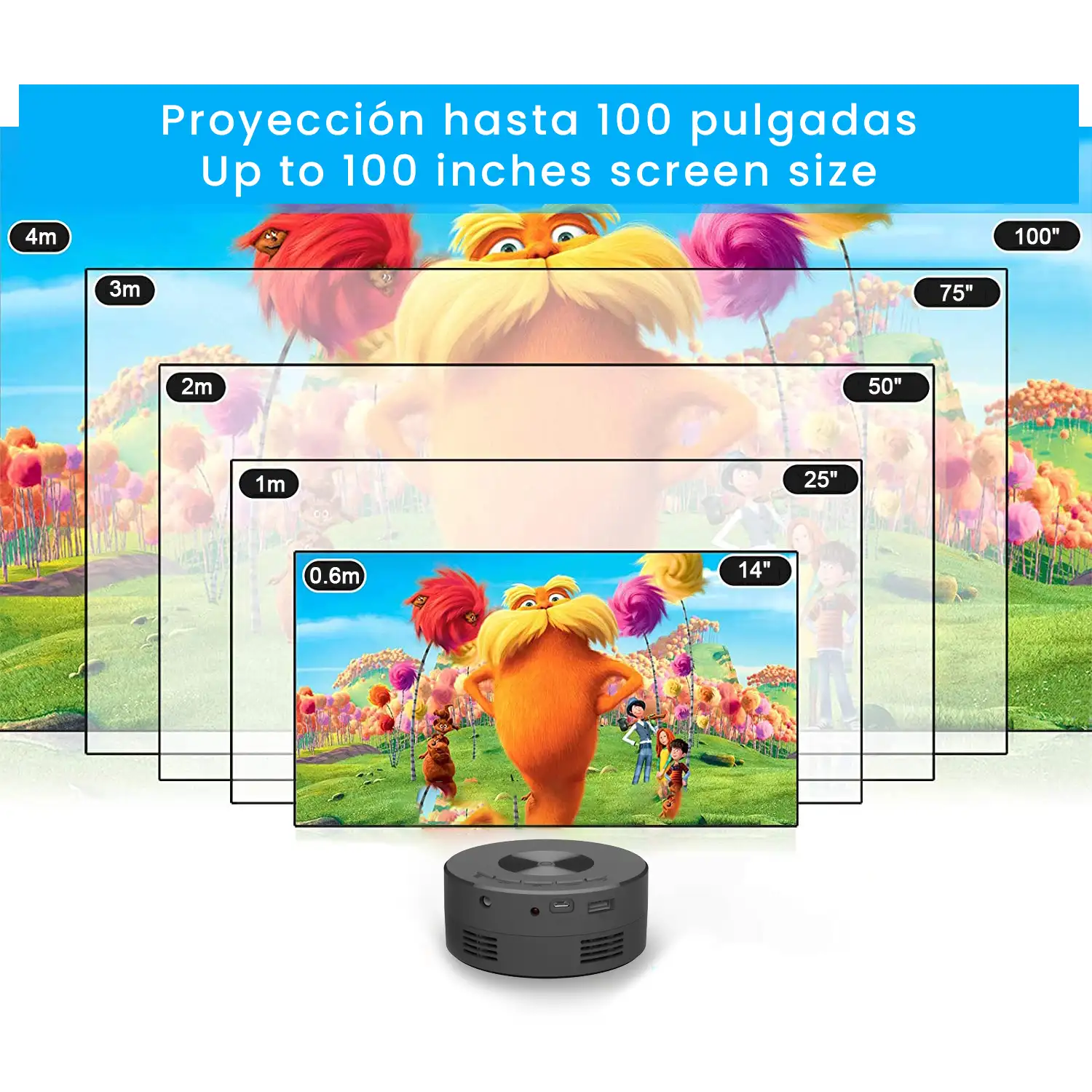 Mini proyector LCD YT200, duplicación de pantalla iOS/Android por cable. Soporta resolucion 1080P. Conexión USB. De 14 a 100 pulgadas. Con mando a distancia.
