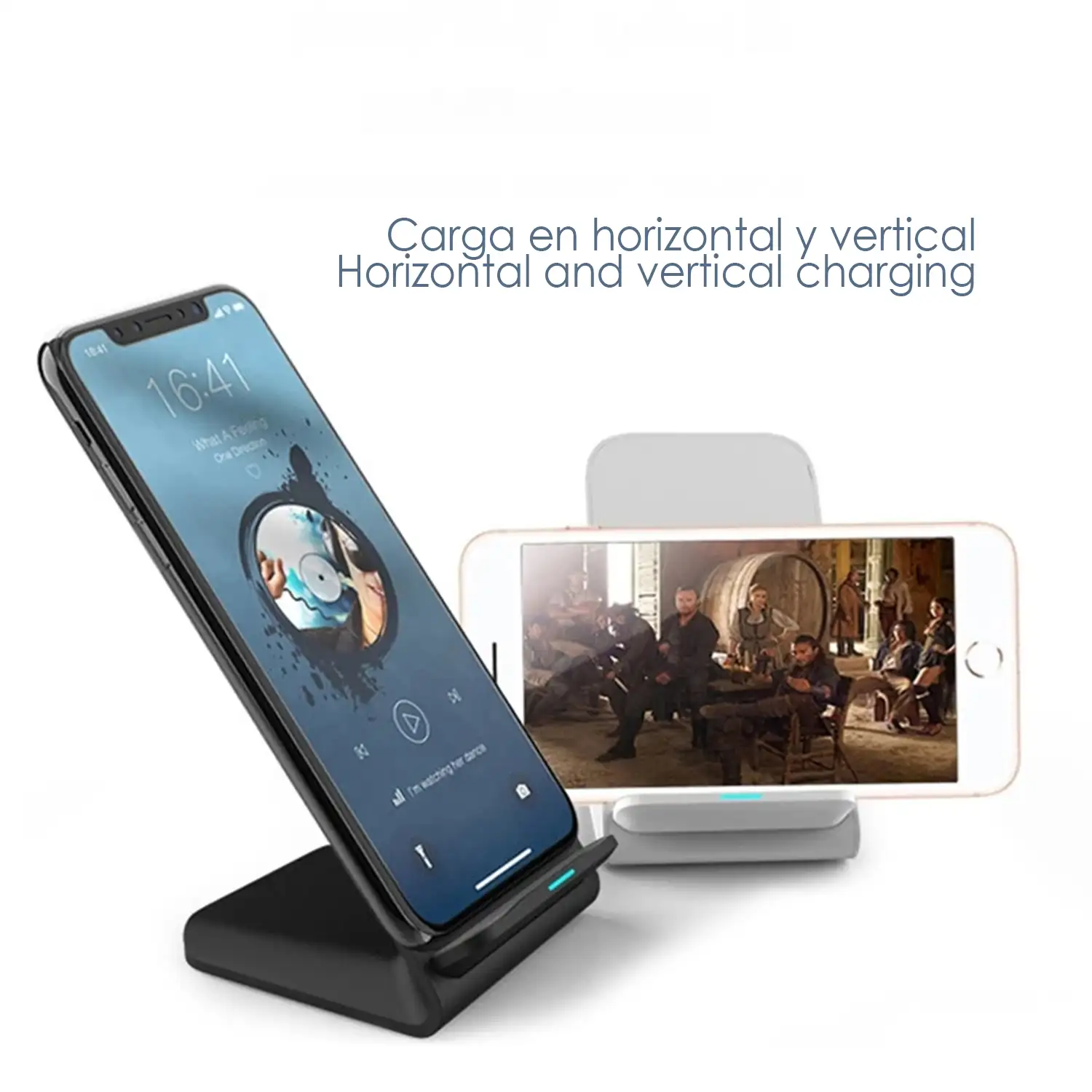 Cargador inalámbrico Qi de bobinas duales con soporte. 15W/10W/7.5W/5W/