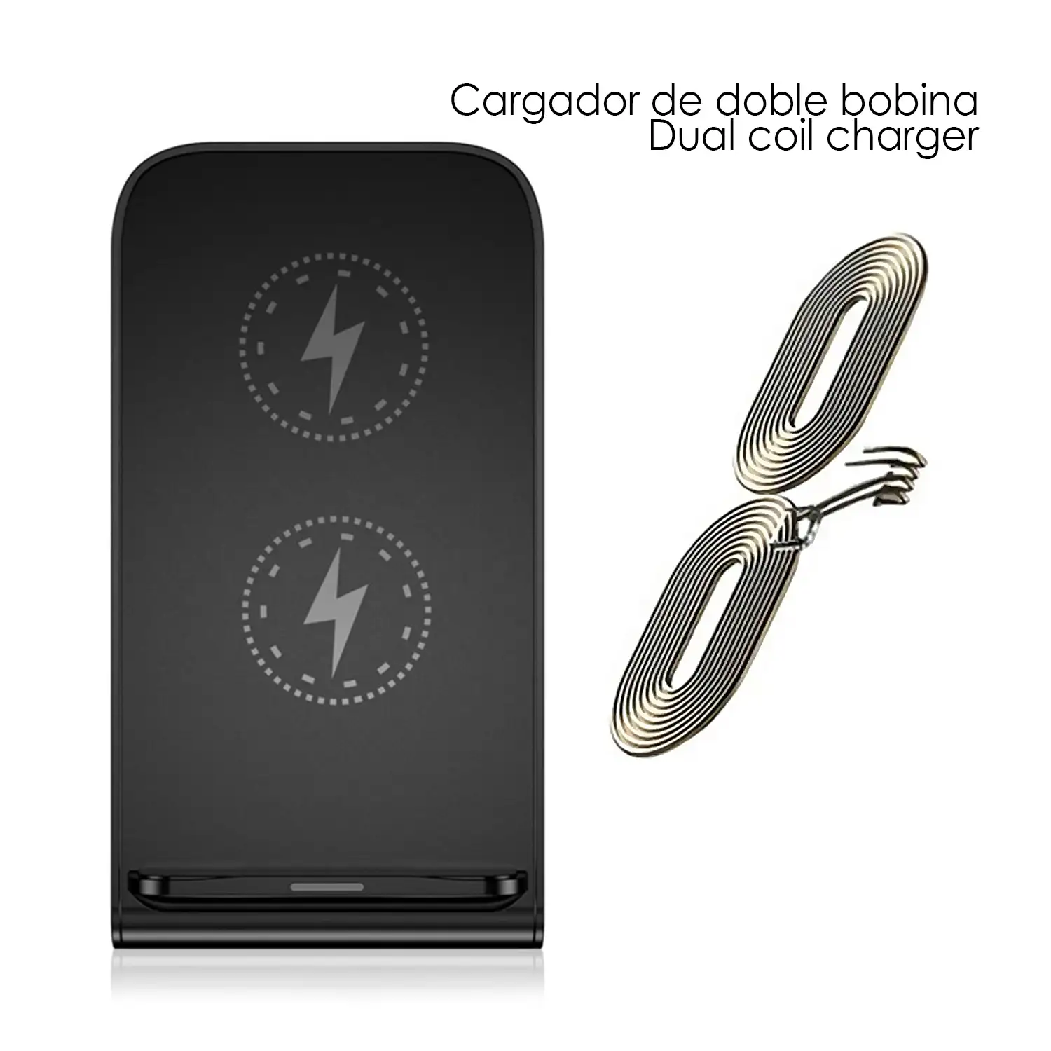 Cargador inalámbrico Qi de bobinas duales con soporte. 15W/10W/7.5W/5W/