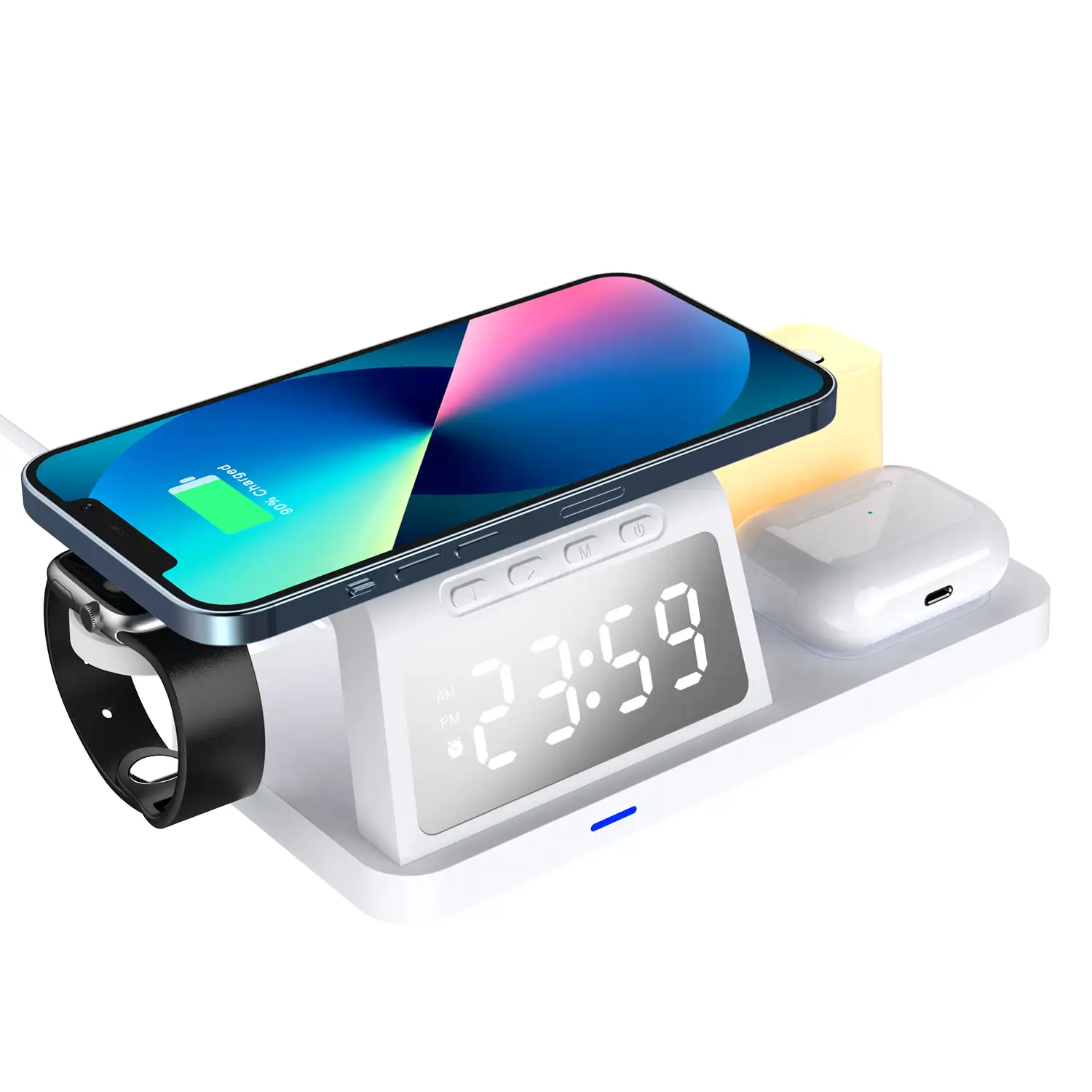 Cargador inalámbrico multifunción 6 en 1: cargador inalámbrico Qi 15W, cargador inalámbrico para auriculares, USB, Apple Watch, luz ambiental y reloj despertador.