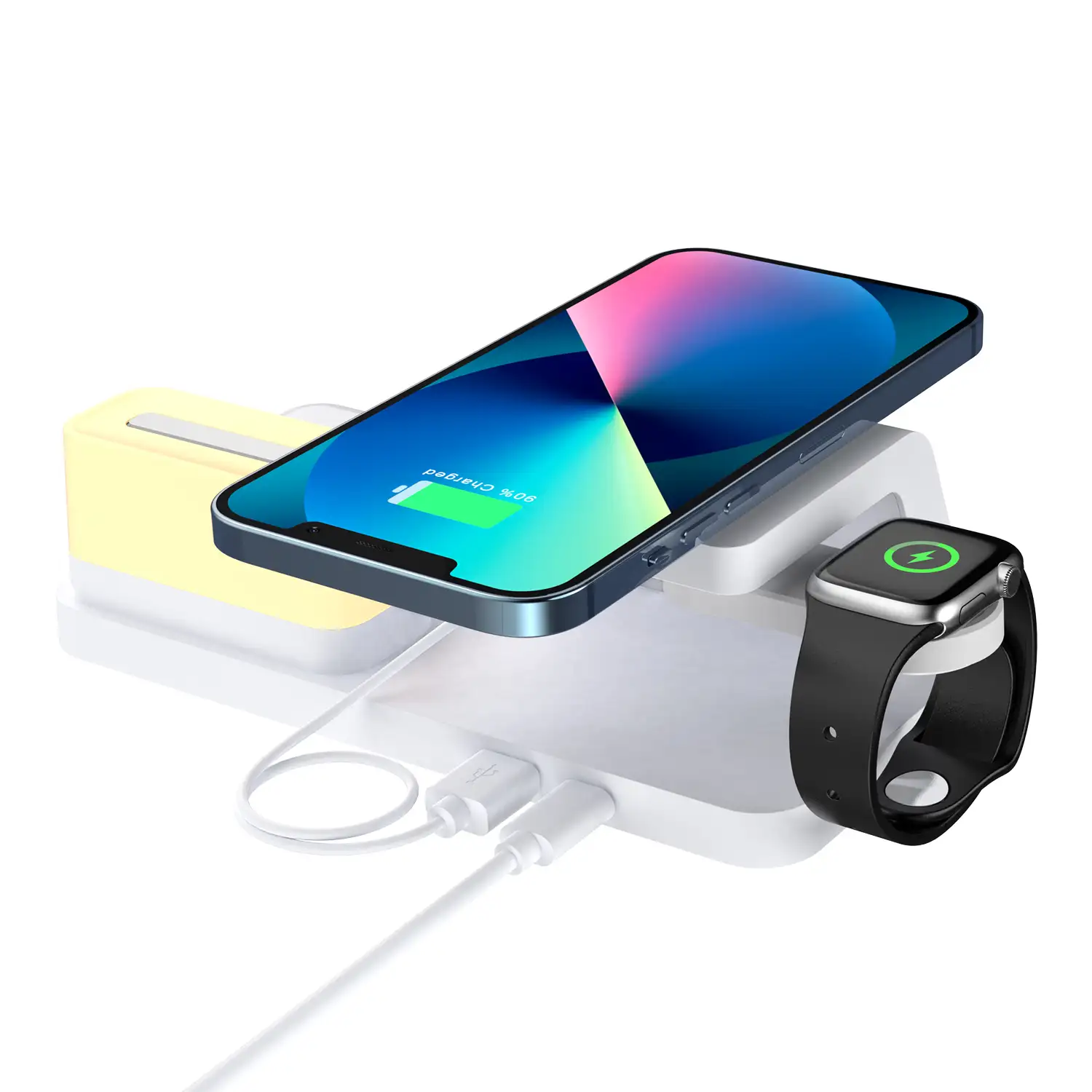 Cargador inalámbrico multifunción 6 en 1: cargador inalámbrico Qi 15W, cargador inalámbrico para auriculares, USB, Apple Watch, luz ambiental y reloj despertador.