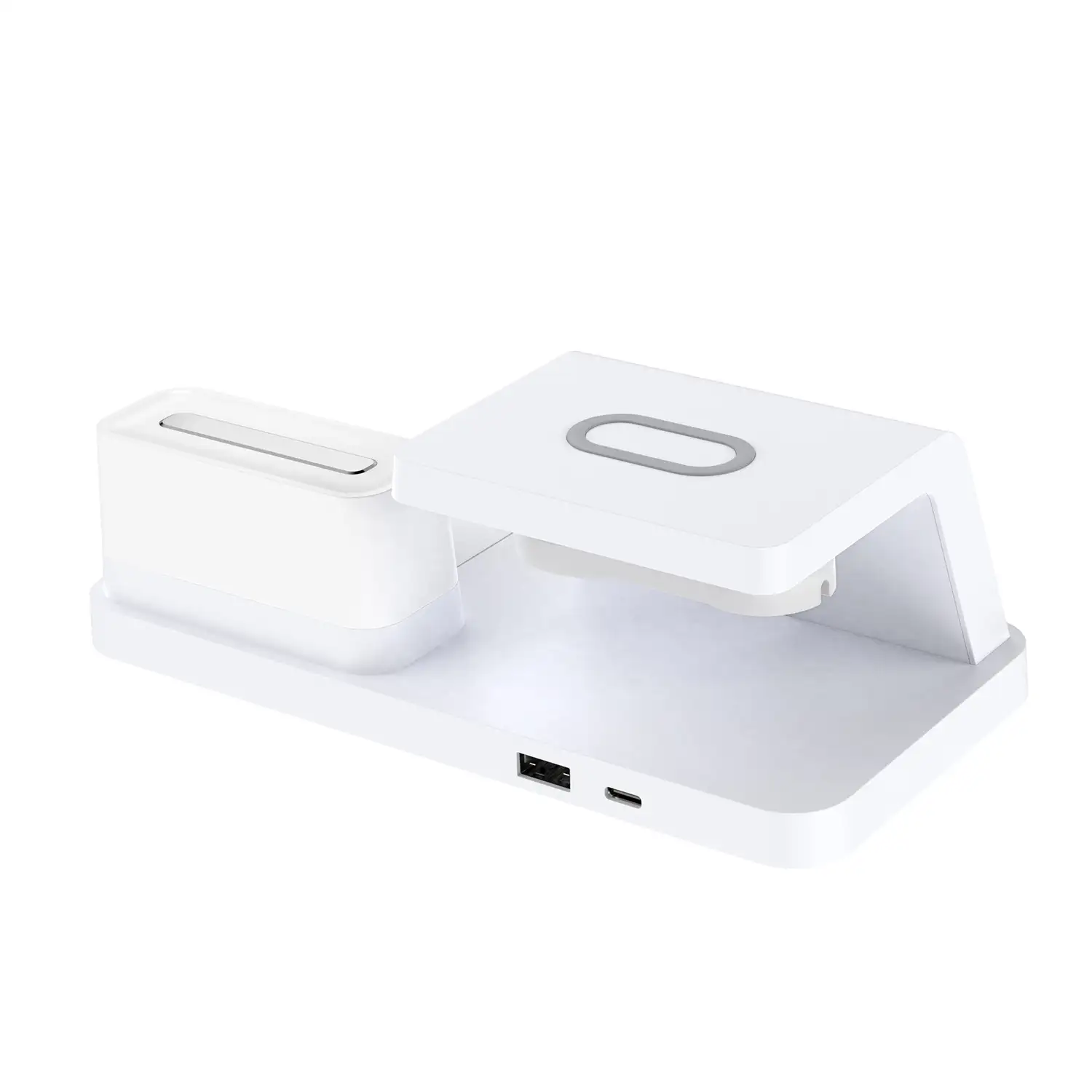 Cargador inalámbrico multifunción 6 en 1: cargador inalámbrico Qi 15W, cargador inalámbrico para auriculares, USB, Apple Watch, luz ambiental y reloj despertador.