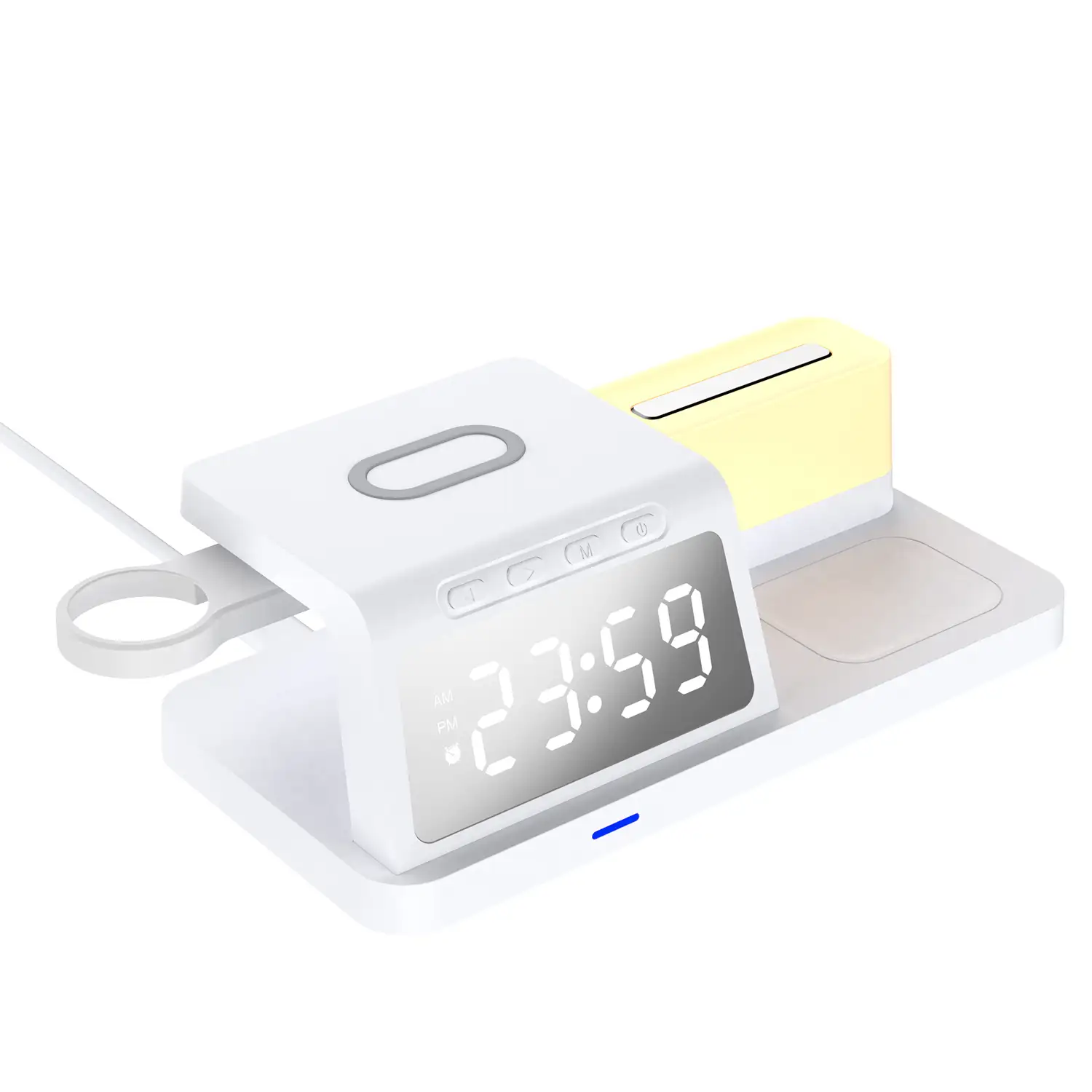 Cargador inalámbrico multifunción 6 en 1: cargador inalámbrico Qi 15W, cargador inalámbrico para auriculares, USB, Apple Watch, luz ambiental y reloj despertador.