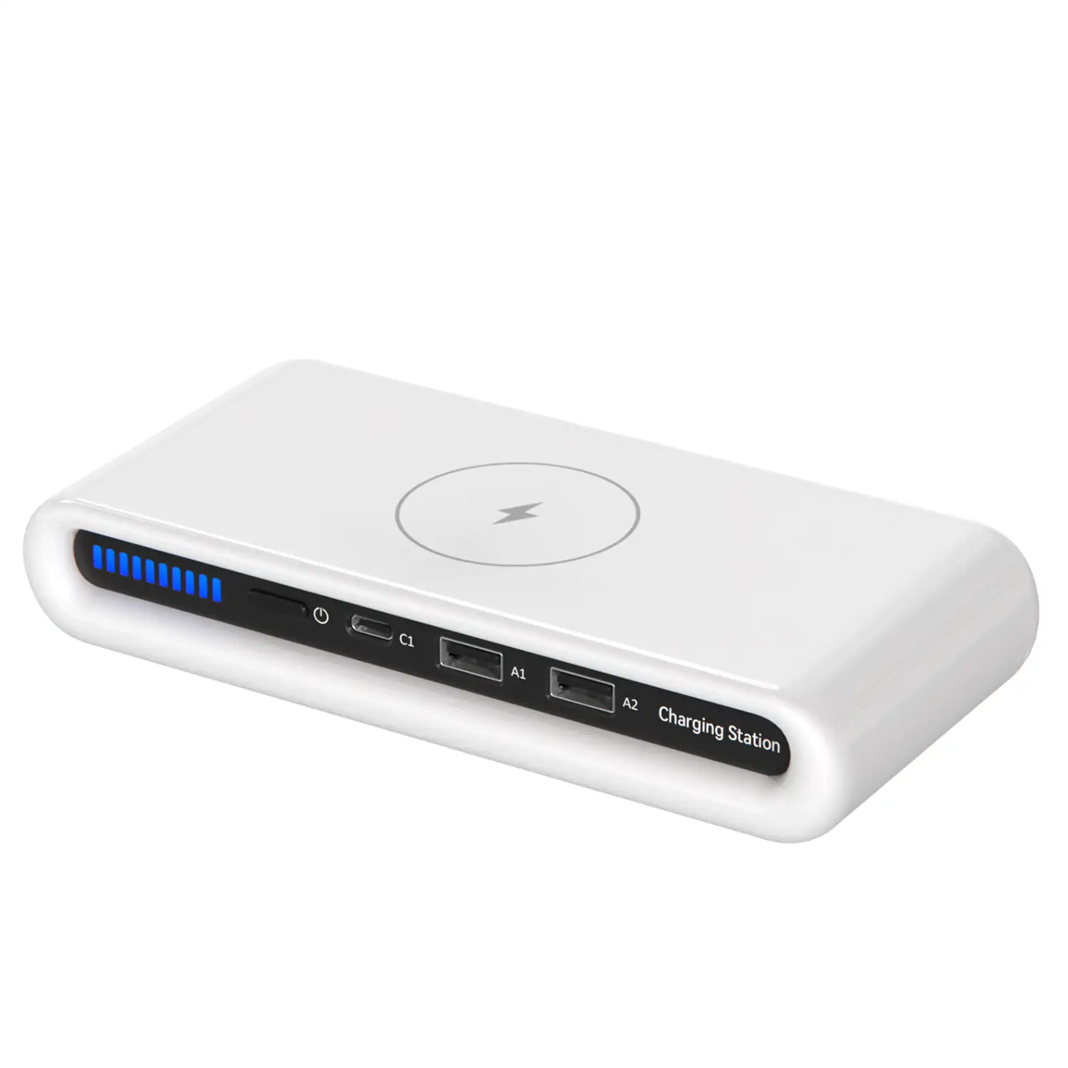 Estación de carga inalámbrica Qi 15W con puertos de carga USB: 2 salidas USB y salida USB-C.