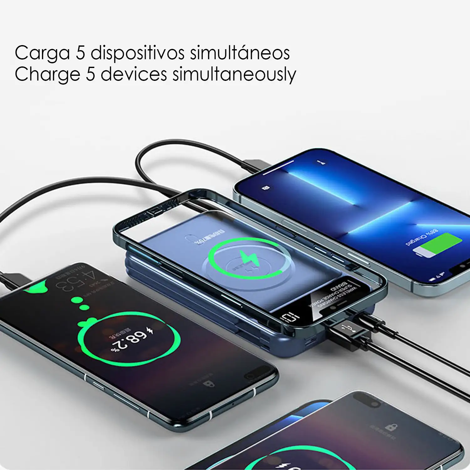 Powerbank 10.000mAh con carga inalámbrica de 15W, salida PD22.5W Super quick charge, carga rápida. Pantalla indicadora de carga.