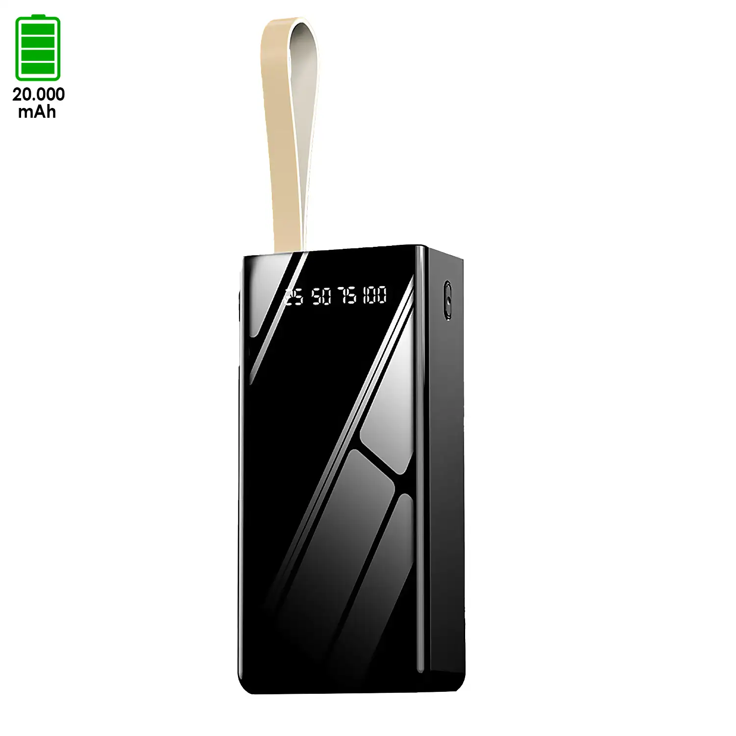 Powerbank 20.000mAh con doble salida USB, colgante de transporte y linterna. Pantalla indicadora de carga.