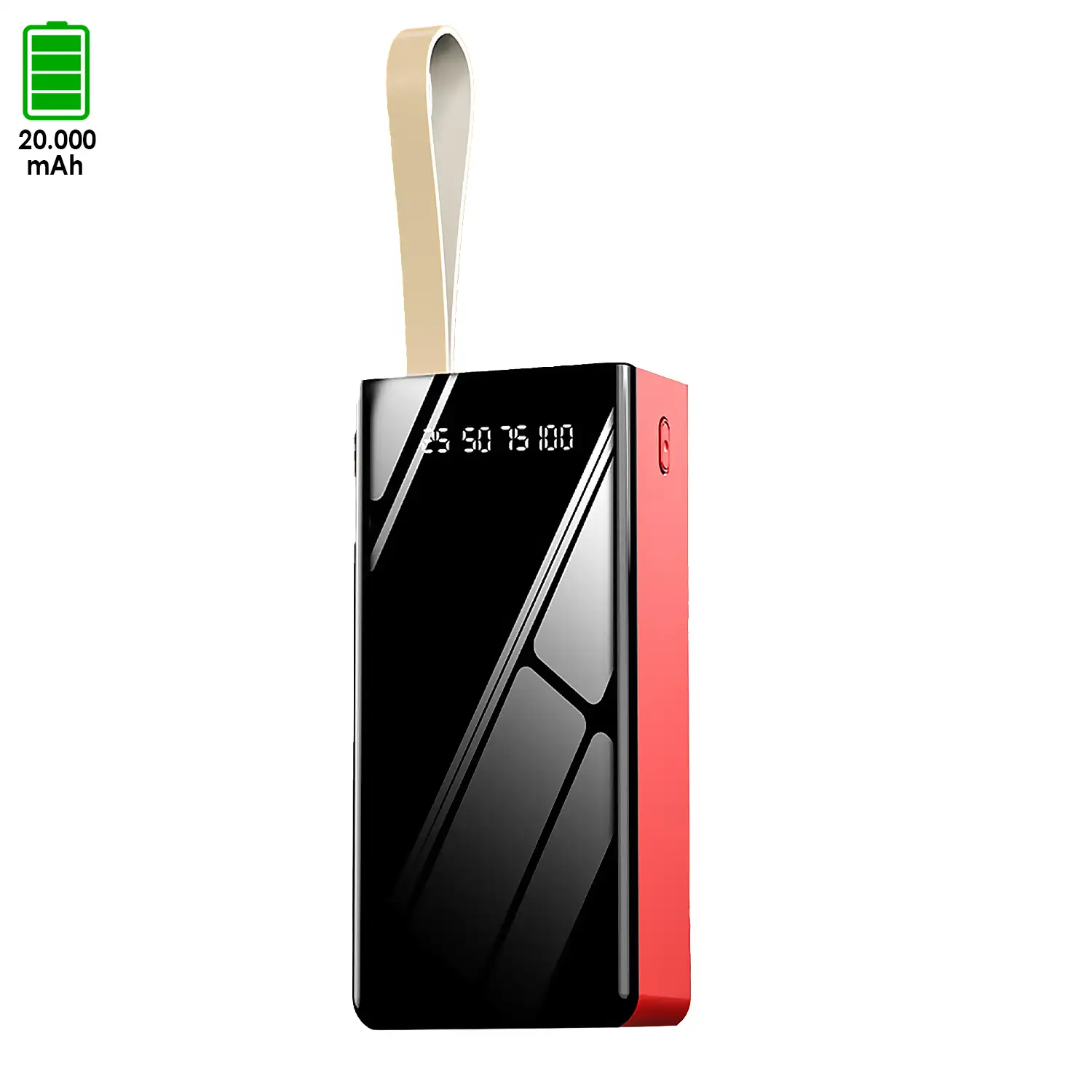 Powerbank 20.000mAh con doble salida USB, colgante de transporte y linterna. Pantalla indicadora de carga.