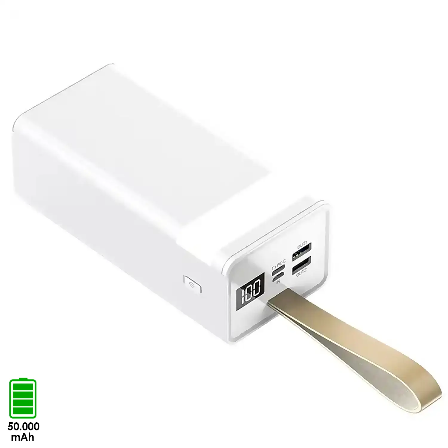 Powerbank 50.000mAh con doble salida USB, carga rápida PD22,5W, salida USB-C, colgante de transporte y linterna de alta potencia. Pantalla led de carga.