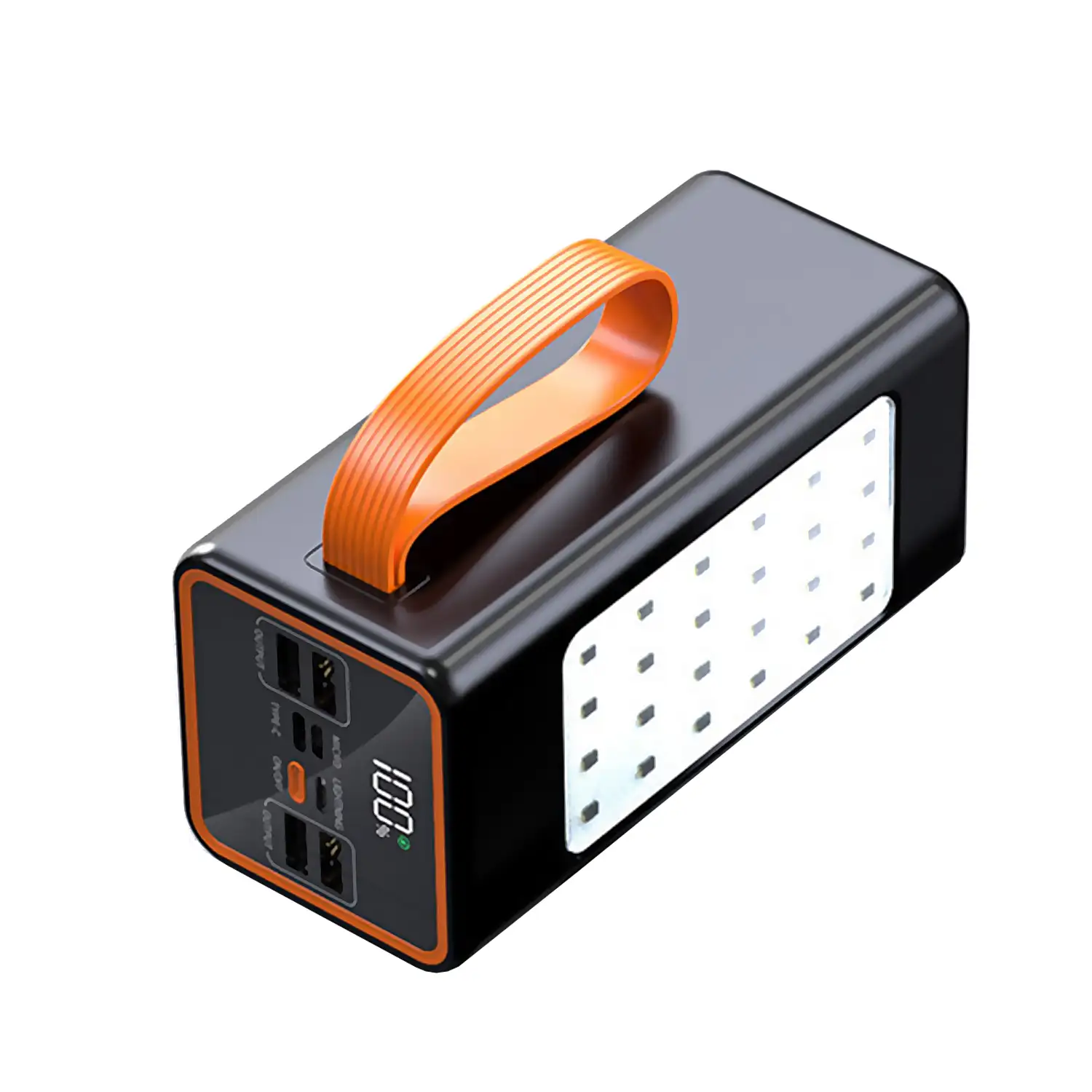 Powerbank 50.000mAh con carga rápida PD22,5W, 4 puertos USB, colgante de transporte y linterna de alta potencia. Pantalla led de carga.