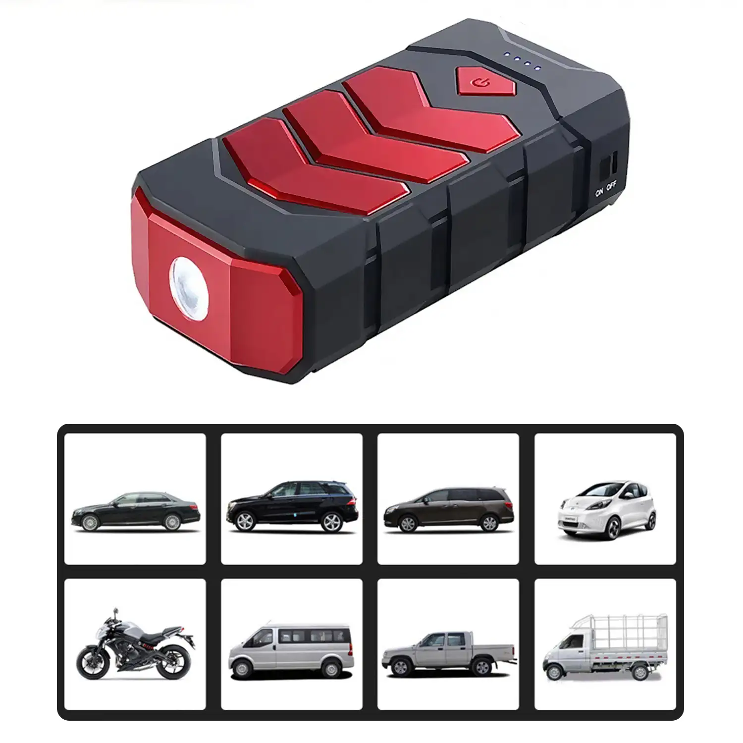 Powerbank de 20.000mAh con arrancador de coche de 12V. Vehículos gasolina hasta 5L y diesel 2.5L. Función de cargador para múltiples dispositivos.