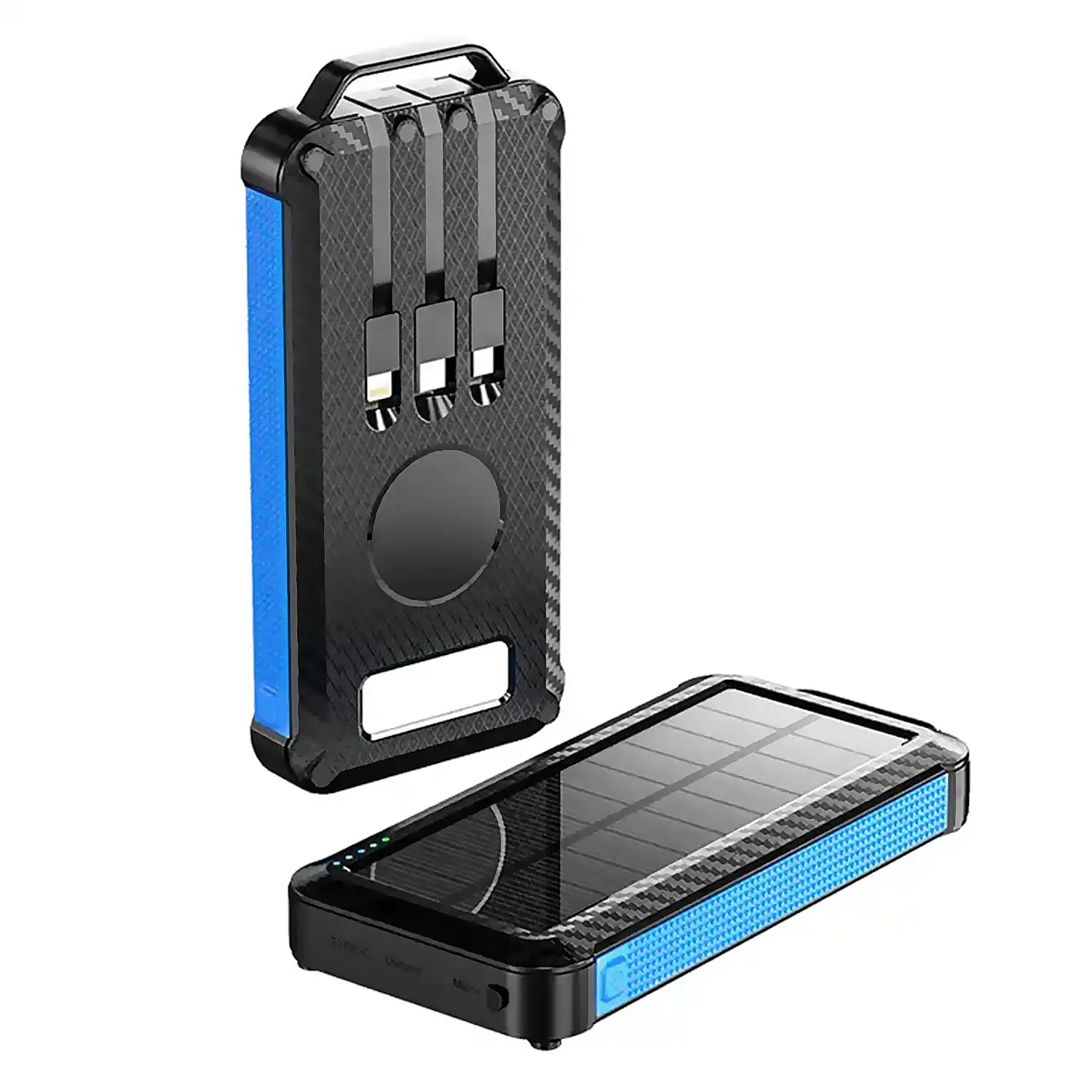 Powerbank solar de 10.000mAh con carga inalámbrica de 5W, cablés incorporado USB-C, Lightning y Micro USB. Linterna led incorporada.