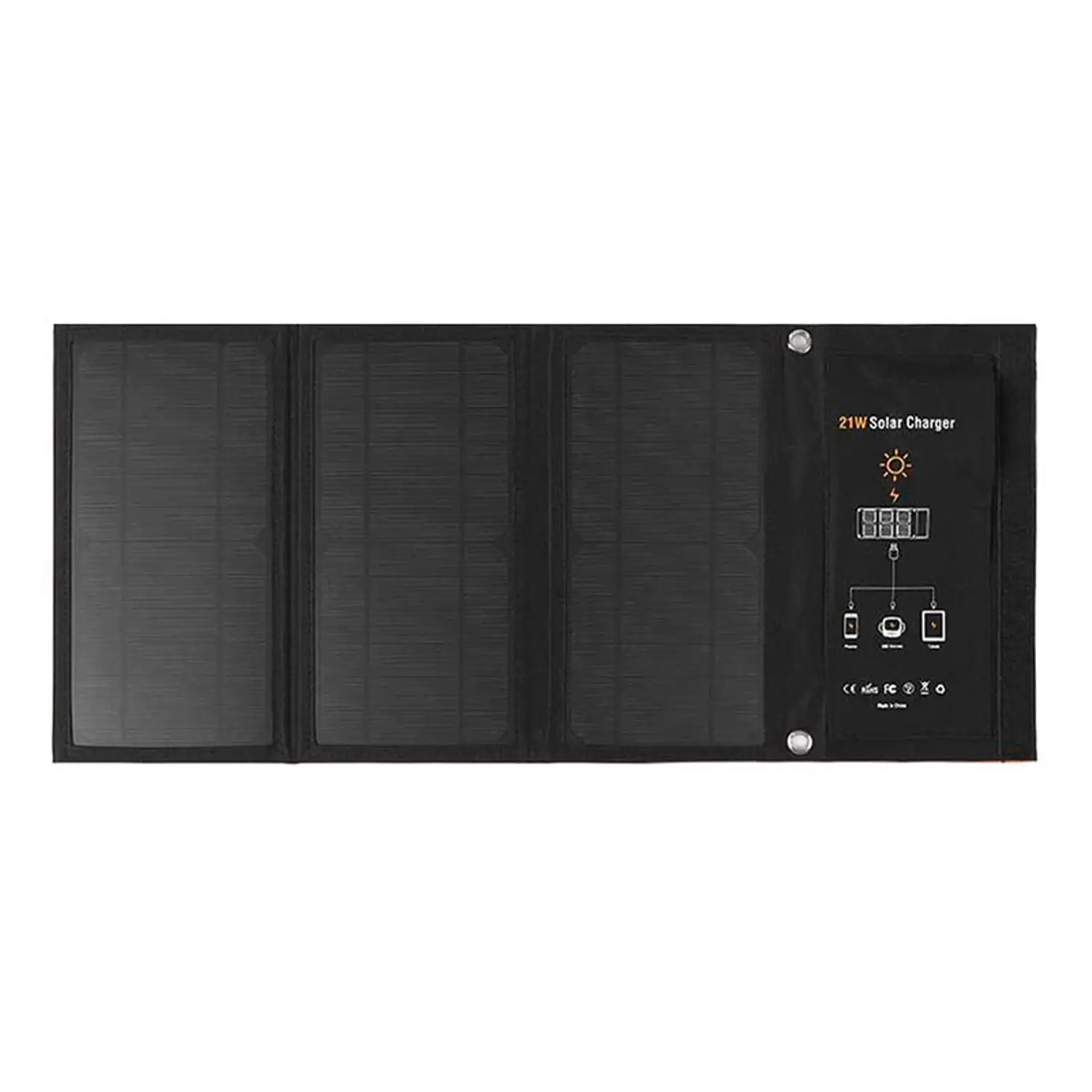 Cargador solar plegable de 21W. Para tablet, PC, smartphone, cámara de fotos, etc.
