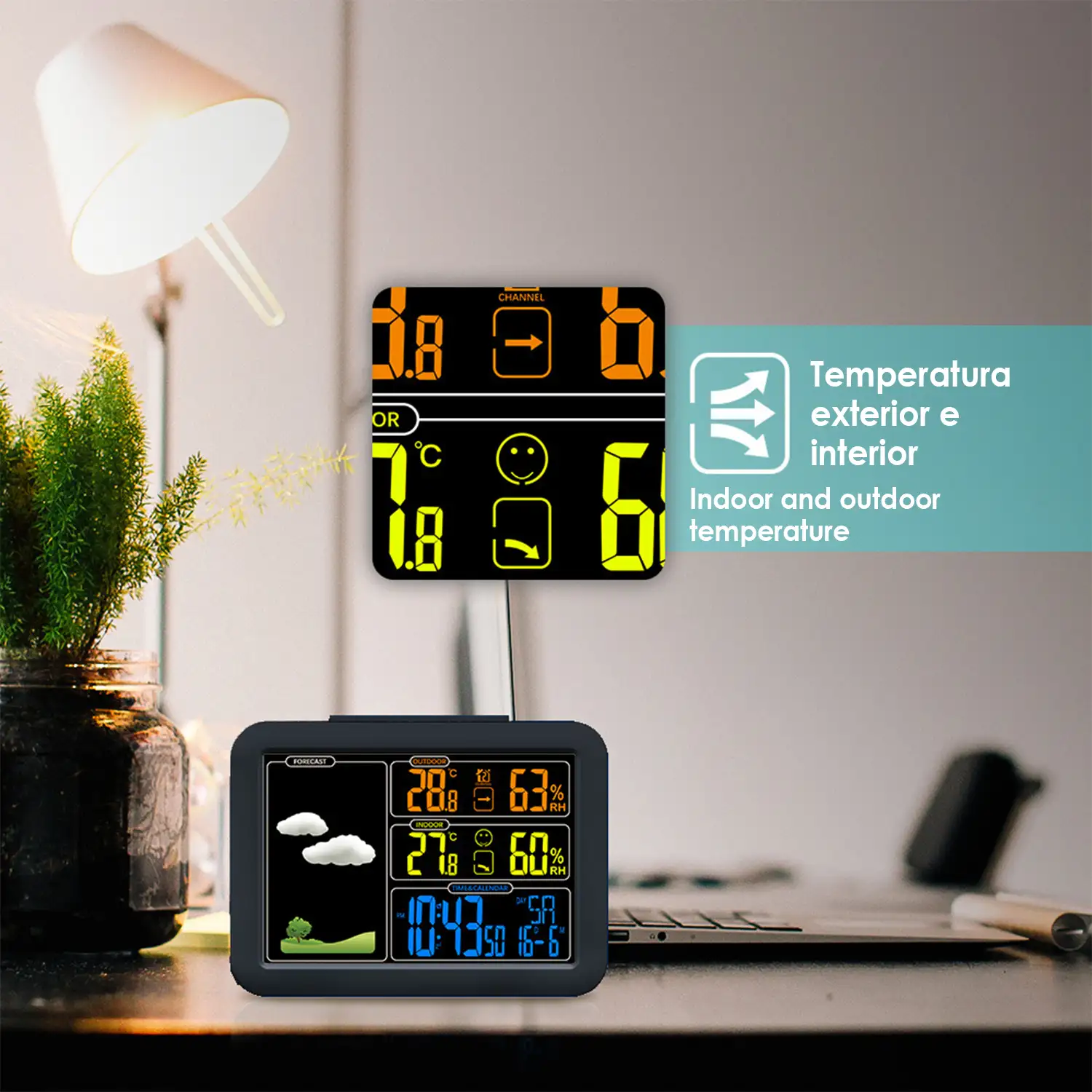 Estación meteorológica automática en color de alta precisión con barómetro higrómetro. Temperatura y humedad exterior e interior. Incluye emisor de exteriores.