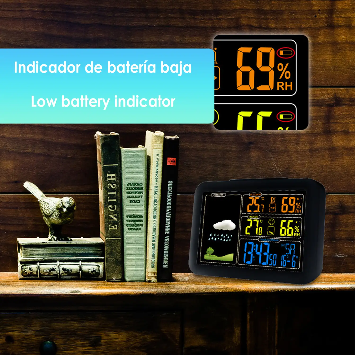 Estación meteorológica automática en color de alta precisión con barómetro higrómetro. Temperatura y humedad exterior e interior. Incluye emisor de exteriores.