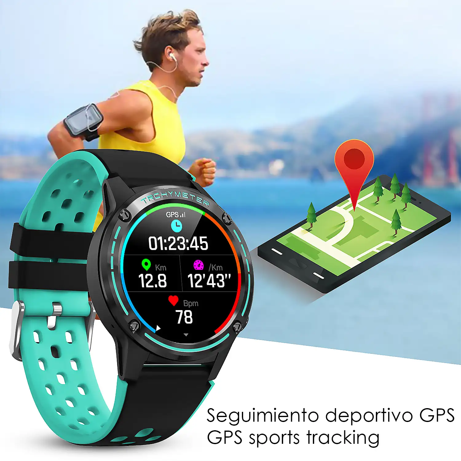 Smartwatch M6S. Funciones deportivas con seguimiento GPS. Brújula, barómetro y altímetro. SIM, monitor cardiaco, notificaciones de Apps.