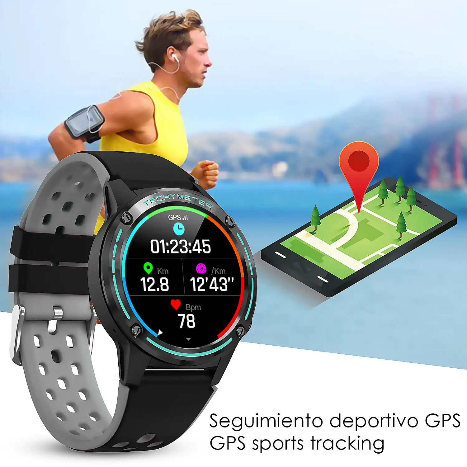 Smartwatch M6S. Funciones deportivas con seguimiento GPS. Brújula, barómetro y altímetro. SIM, monitor cardiaco, notificaciones de Apps.