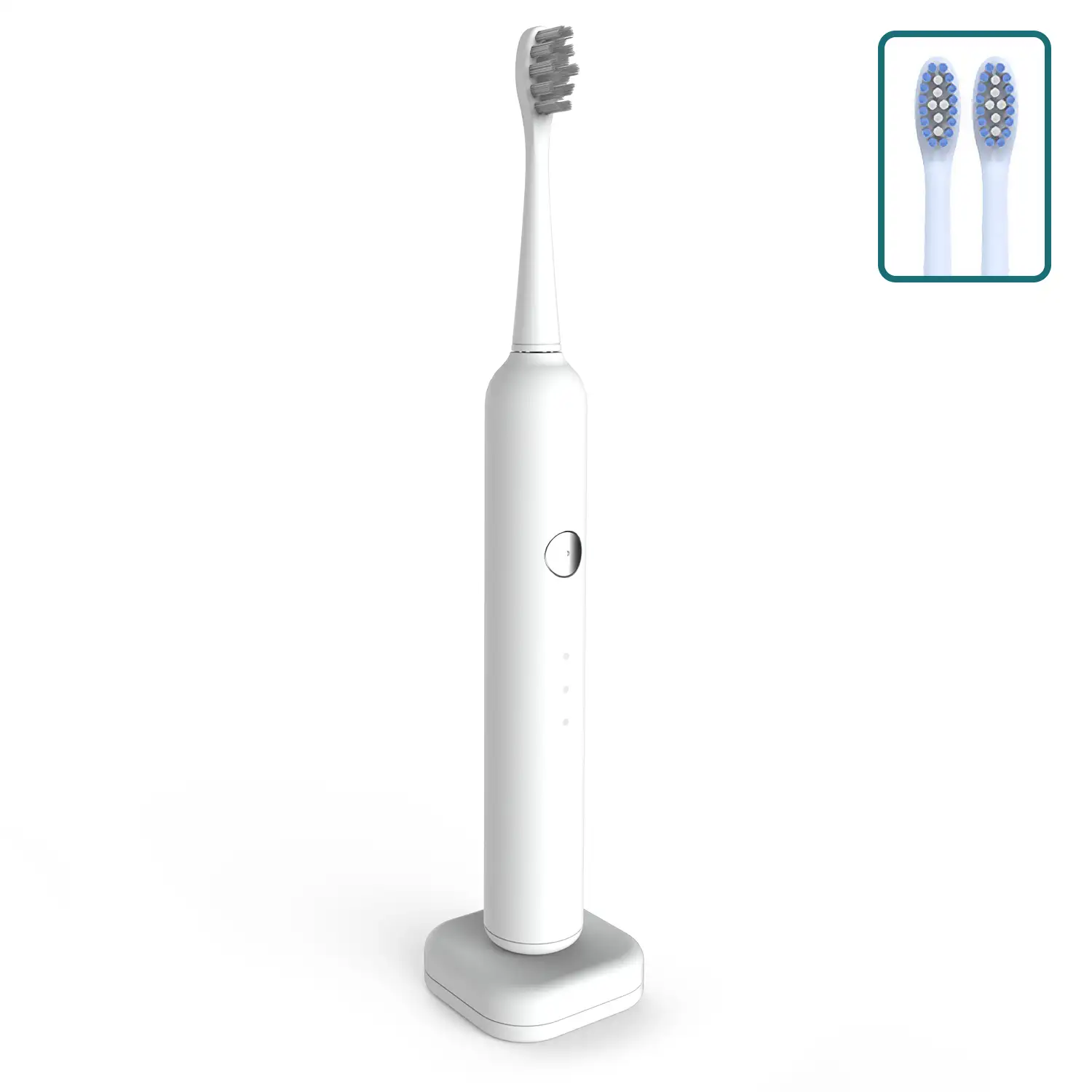 Cepillo de dientes eléctrico con batería recargable y 3 cabezales. Carga inalámbrica inductiva.