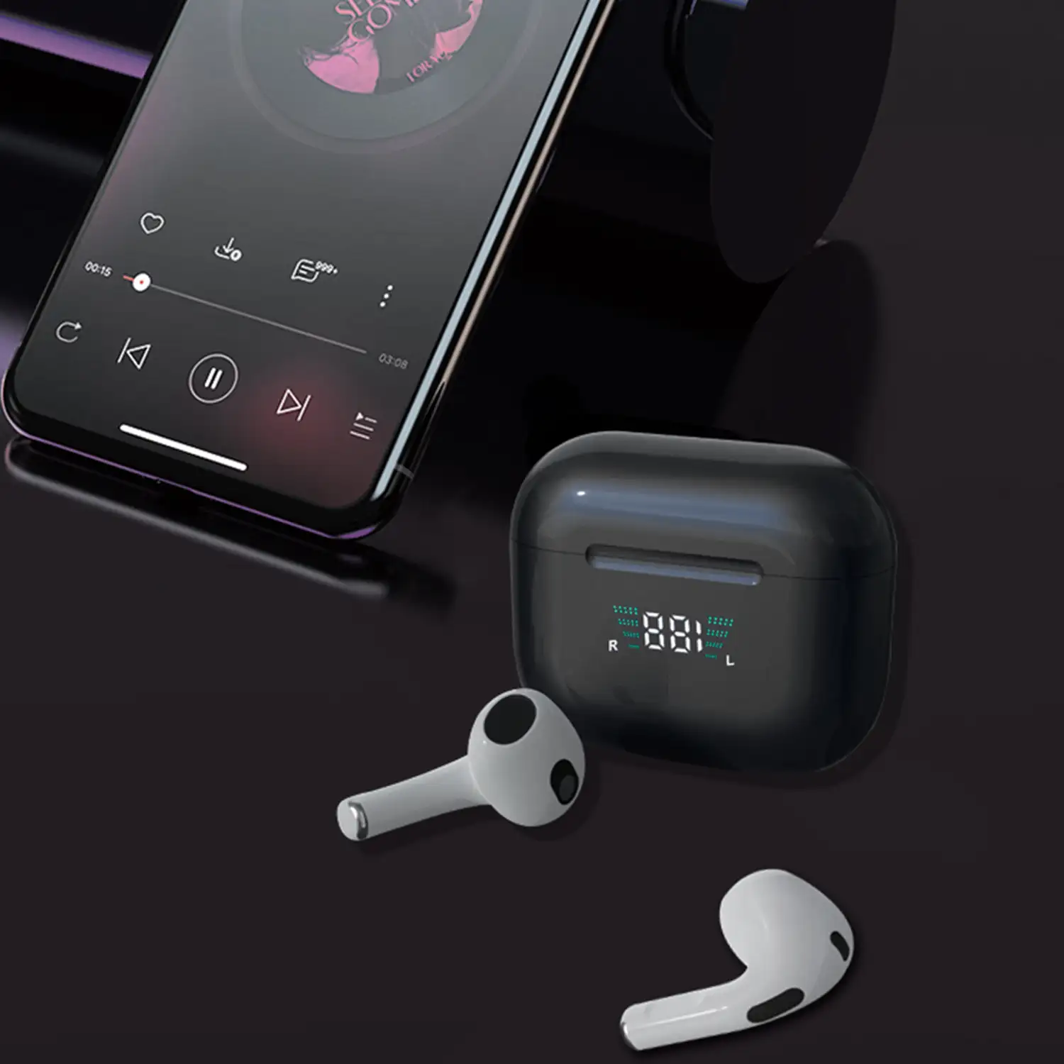 Auriculares TWS P4 Pro con pantalla indicadora de carga. Base de carga 200mAh.