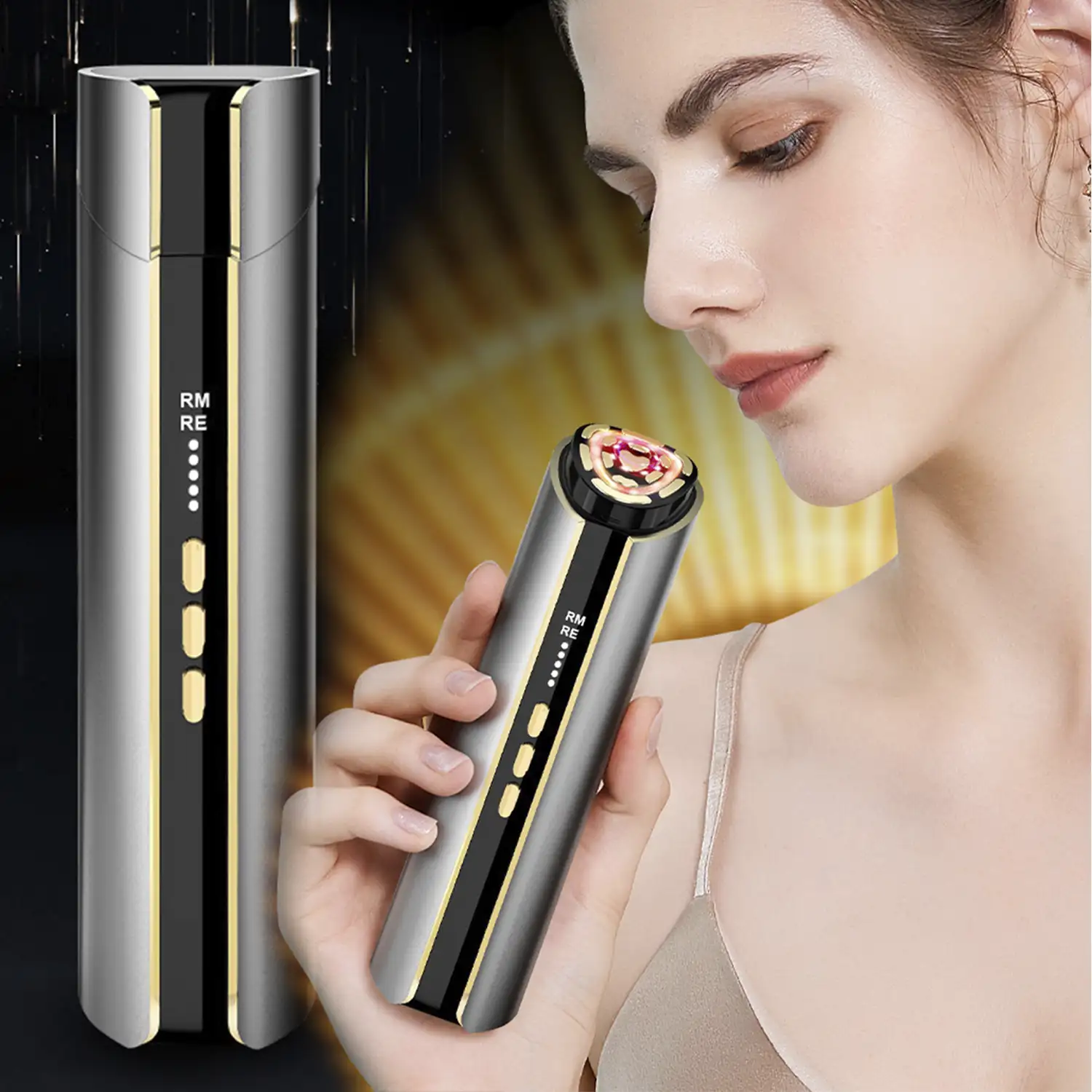 Instrumento de belleza facial por radiofrecuencia, con electroporación de ultrapulsos, ondas RF, microvibración, luz roja/azul y EMS
