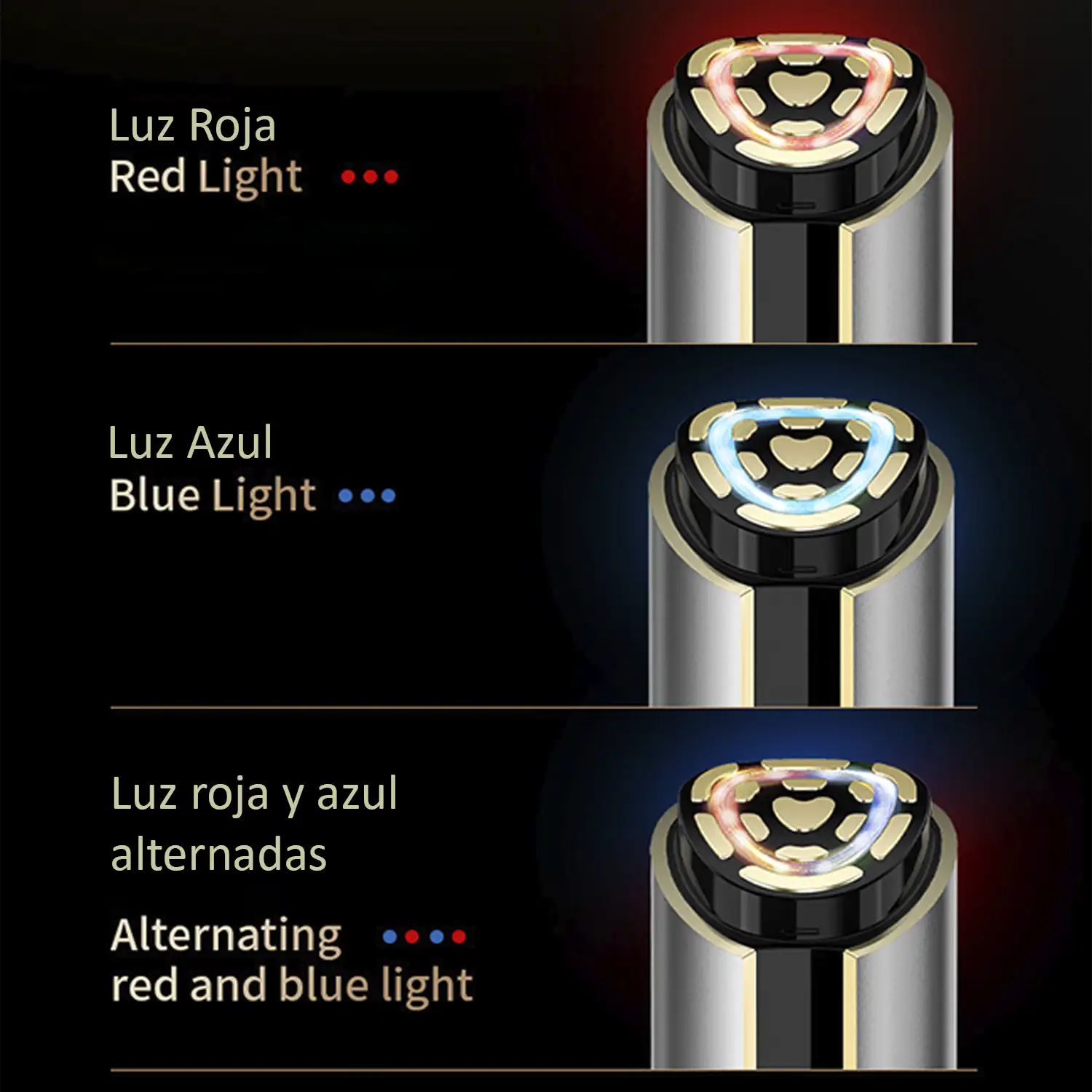 Instrumento de belleza facial por radiofrecuencia, con electroporación de ultrapulsos, ondas RF, microvibración, luz roja/azul y EMS