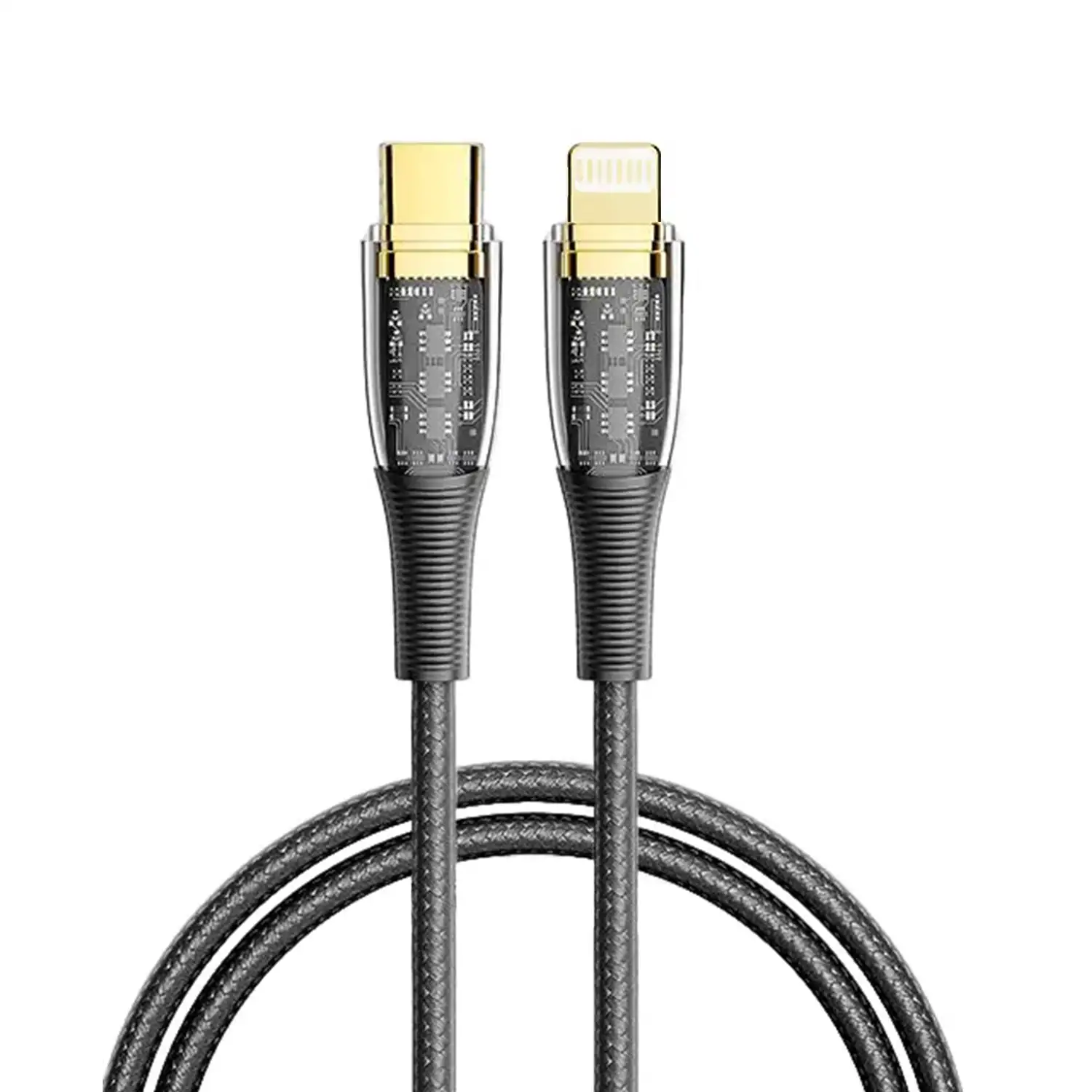 Cable USB-C a Lightning PD20W. Longitud: 1,2 metros, OD 3,5mm. Con luz LED.
