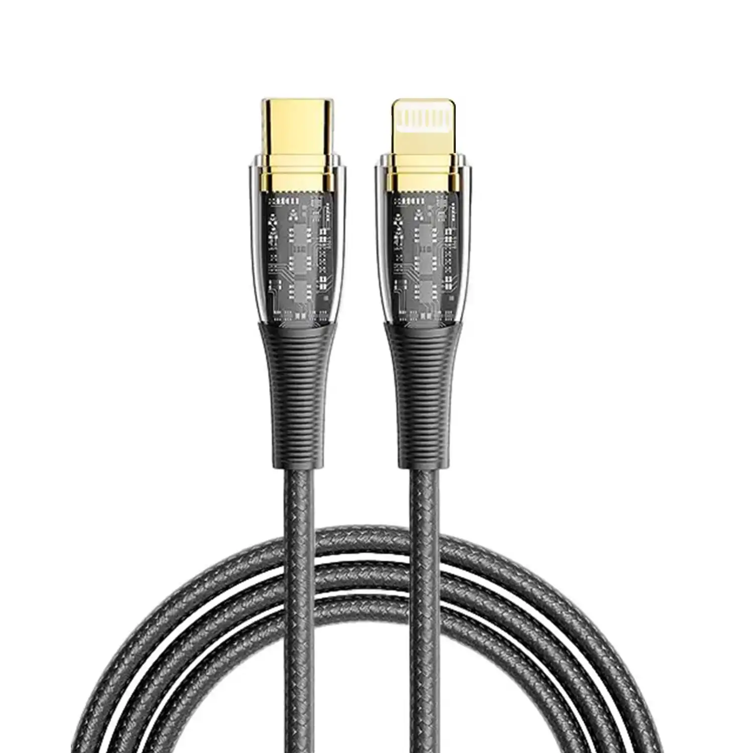 Cable USB-C a Lightning PD20W. Longitud: 2 metros, OD 3,5mm. Con luz LED.