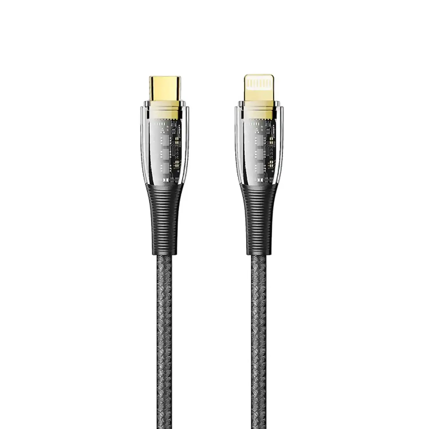 Cable USB-C a Lightning PD20W. Longitud: 2 metros, OD 3,5mm. Con luz LED.