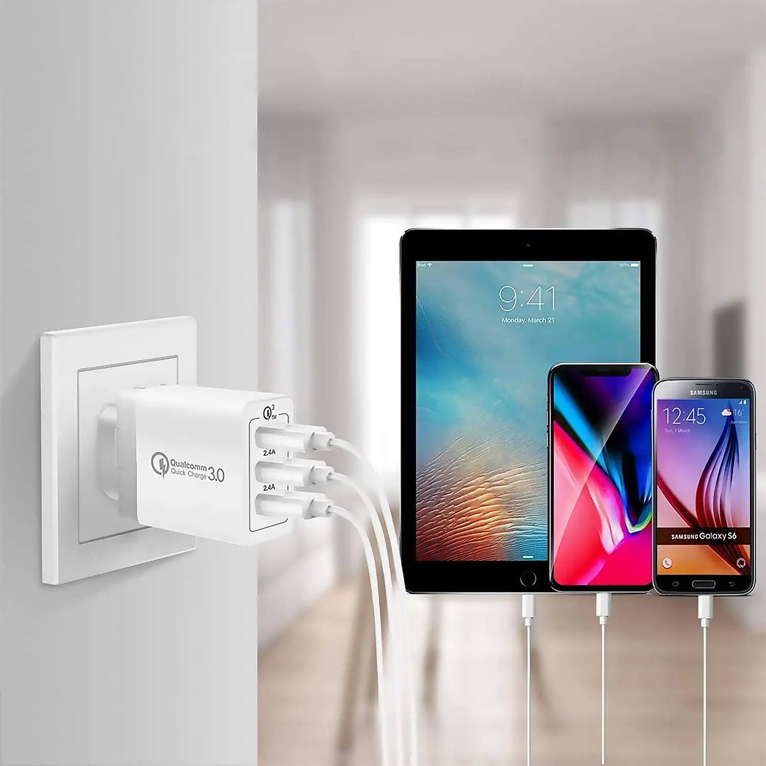 Cargador USB con puerto QC3.0 + doble puerto 2.4A-30W