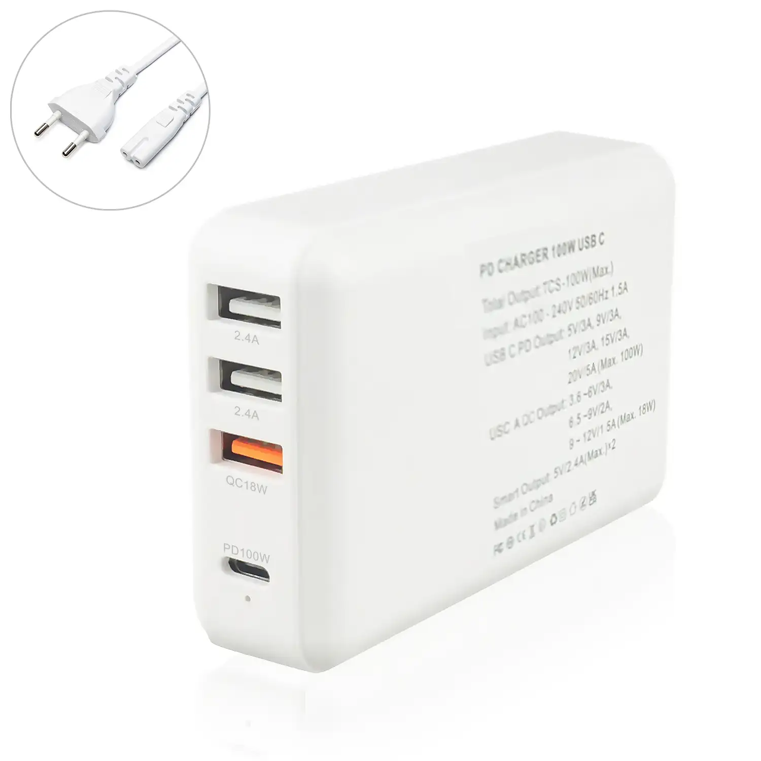 Cargador USB con salida PD100W + QC3.0 18W + doble salida 2.4A