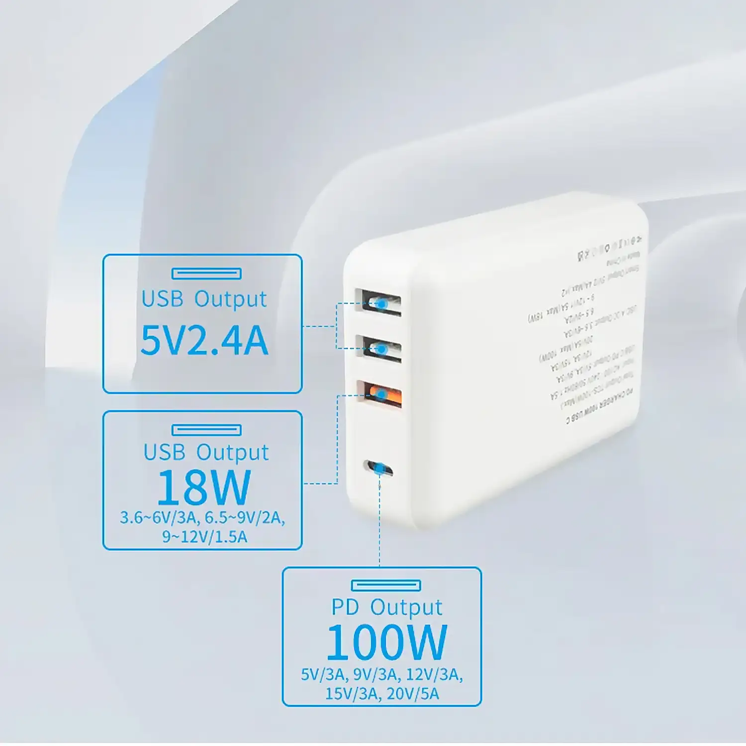 Cargador USB con salida PD100W + QC3.0 18W + doble salida 2.4A