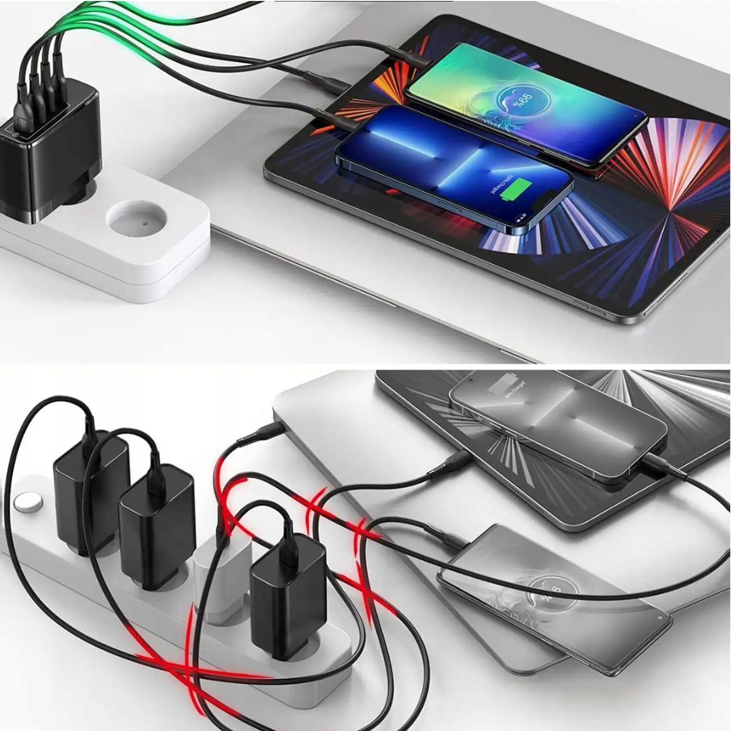 Cargador USB con salida PD100W + PD30 + doble QC3.0 18W. Enchufe US/EU.