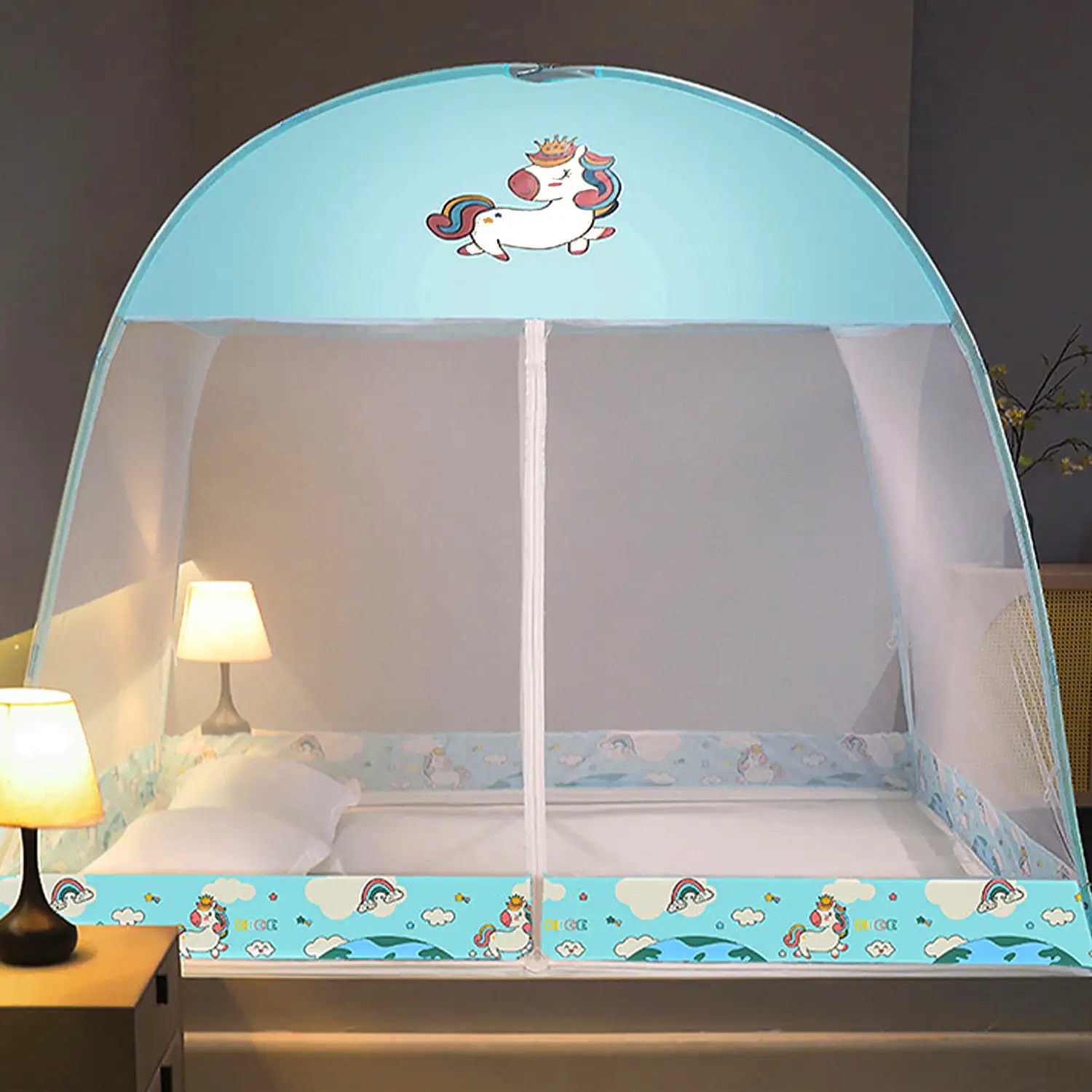 Mosquitera plegable infantil para cama con doble puerta, diseño unicornio. 120cm