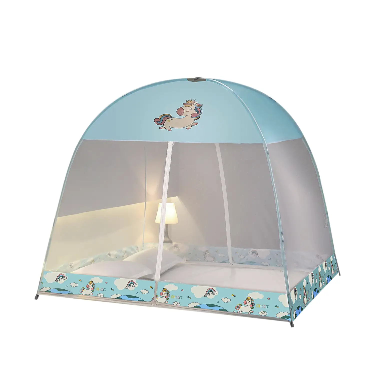 Mosquitera plegable infantil para cama con doble puerta, diseño unicornio. 120cm