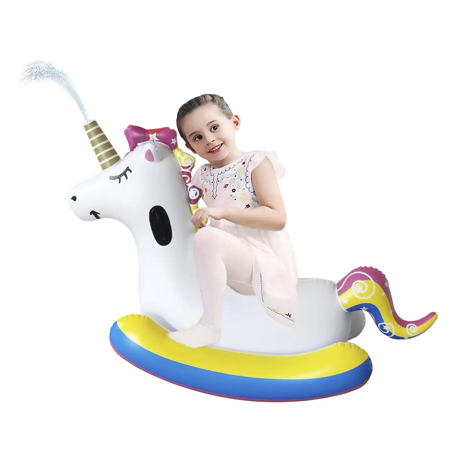 Sillón flotador infantil hinchable, diseño unicornio, dispara agua.