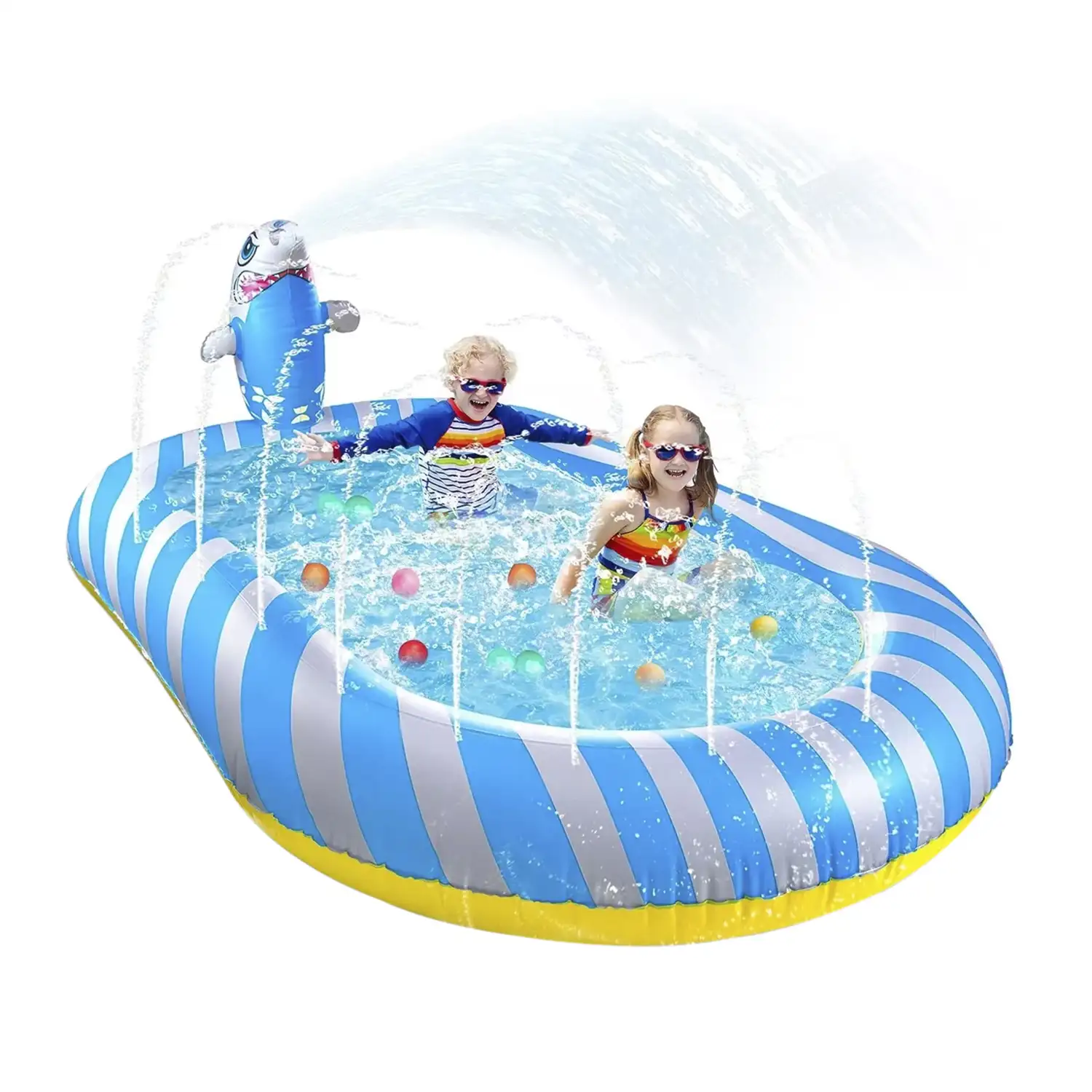 Piscina Splash Pad con aspersores laterales y Foca escupe agua. 170x110cm.