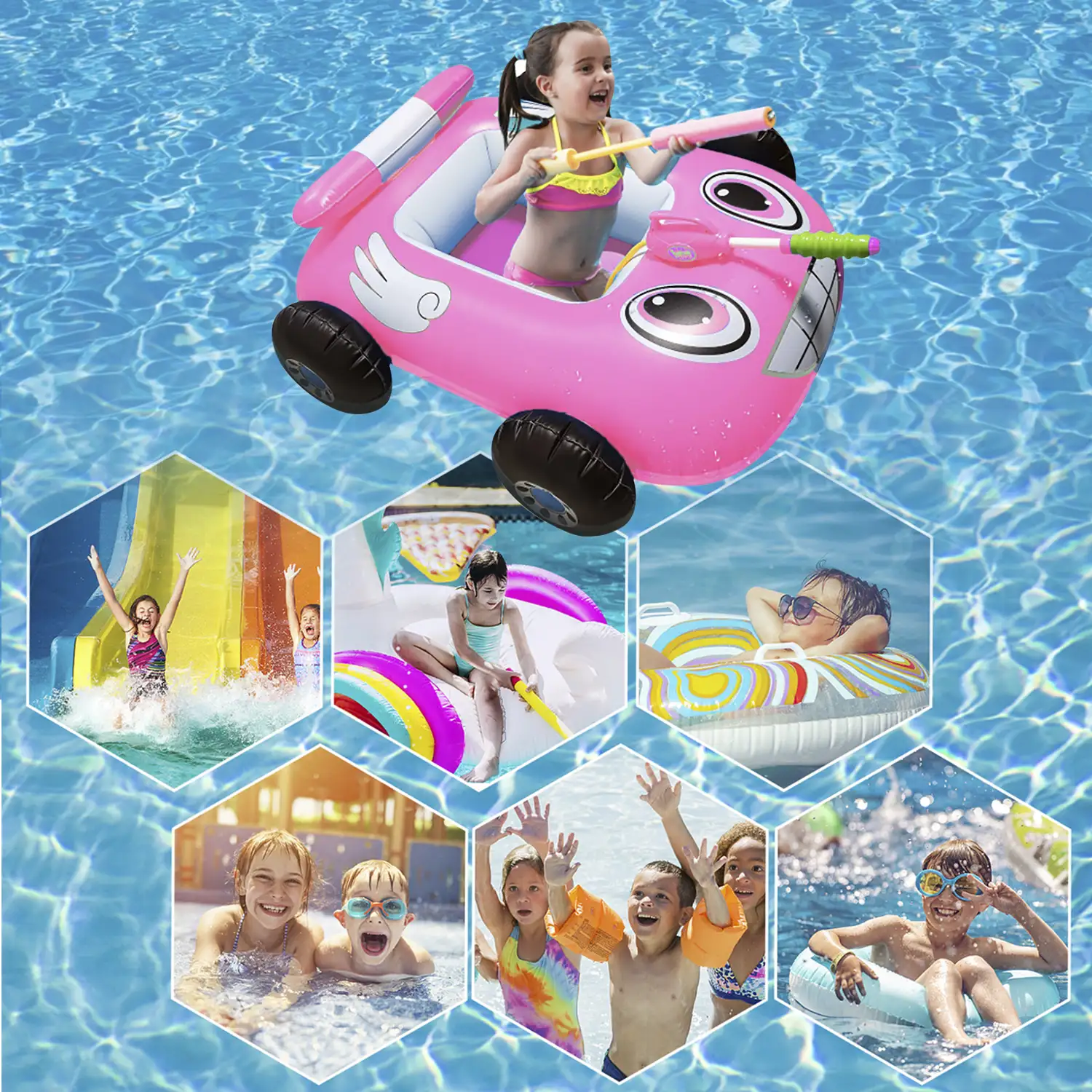 Flotador coche de policía rosa hinchable. Con pistola de agua.