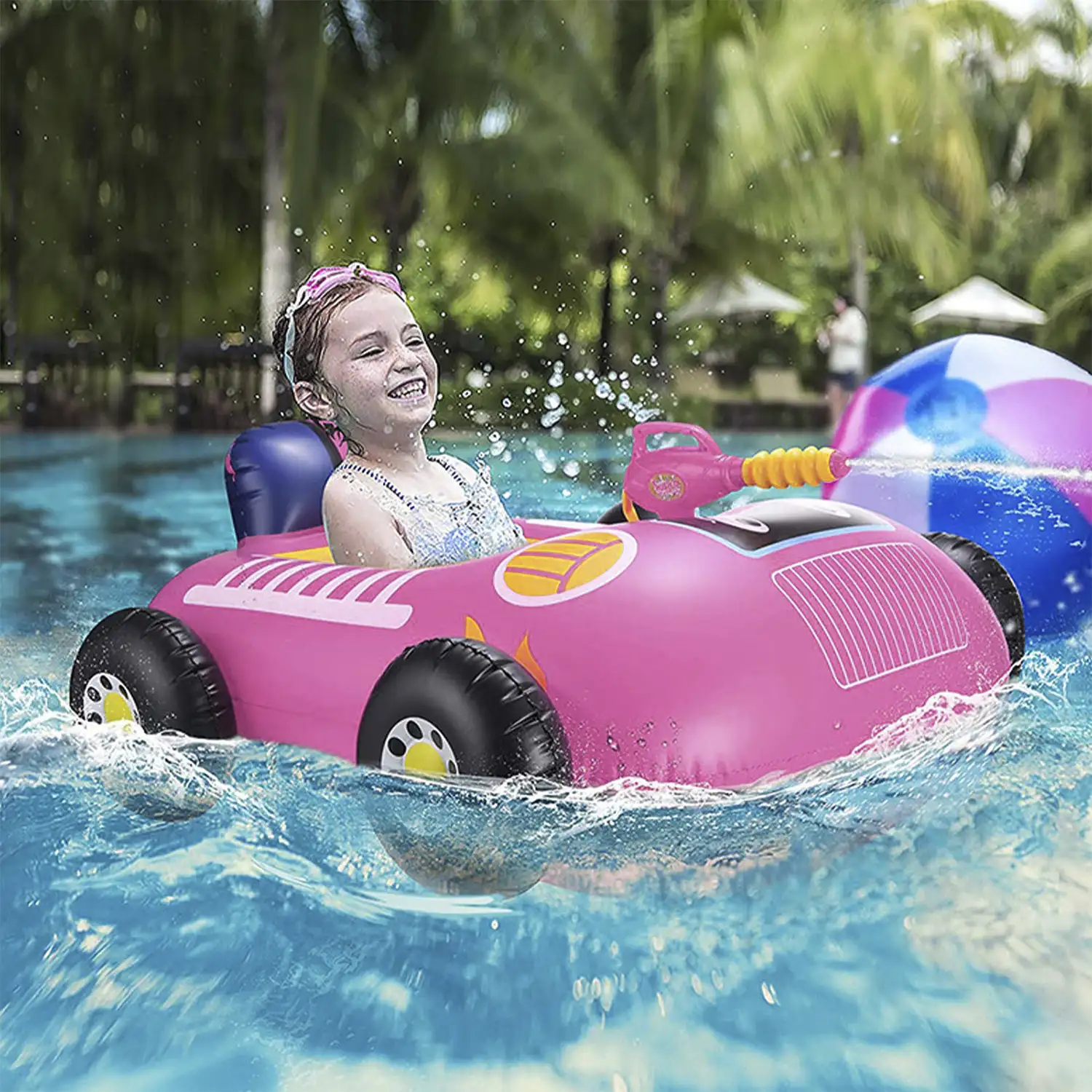 Flotador coche de policía rosa hinchable. Con pistola de agua.