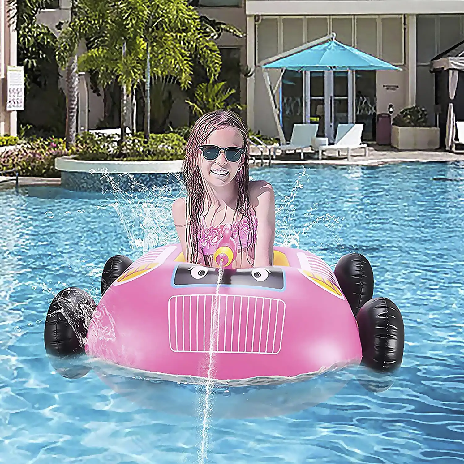 Flotador coche de policía rosa hinchable. Con pistola de agua.