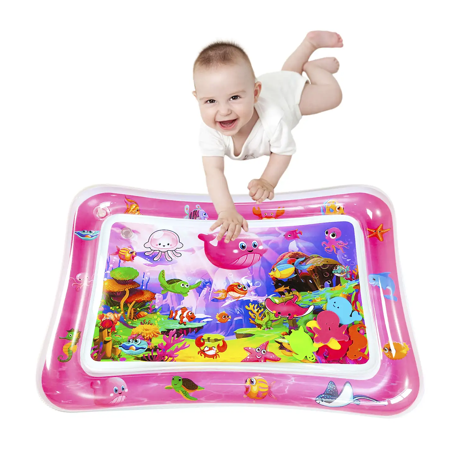 Colchoneta hinchable infantil diseño fondo marino rosa. 70x50cm.