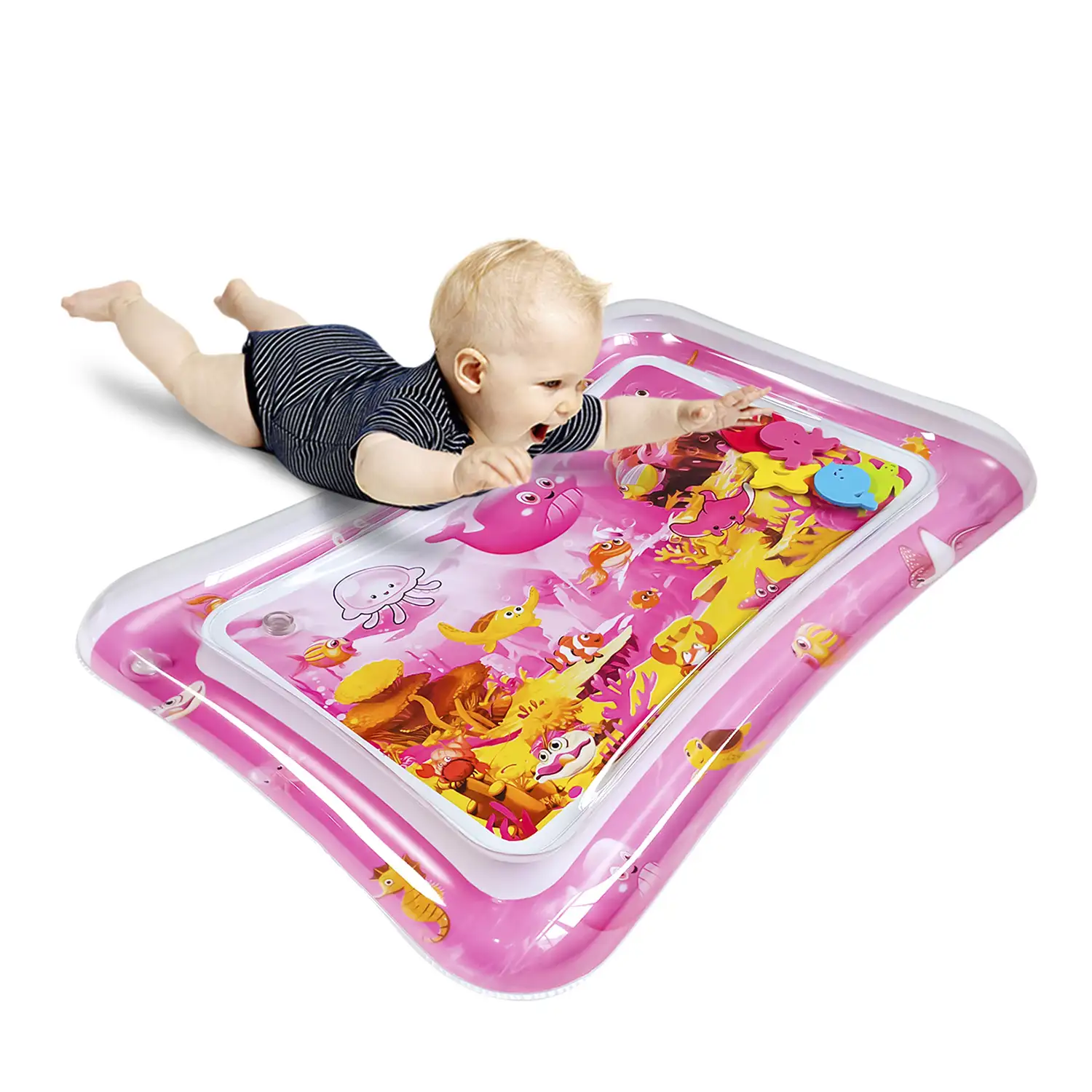 Colchoneta hinchable infantil diseño fondo marino rosa. 70x50cm.