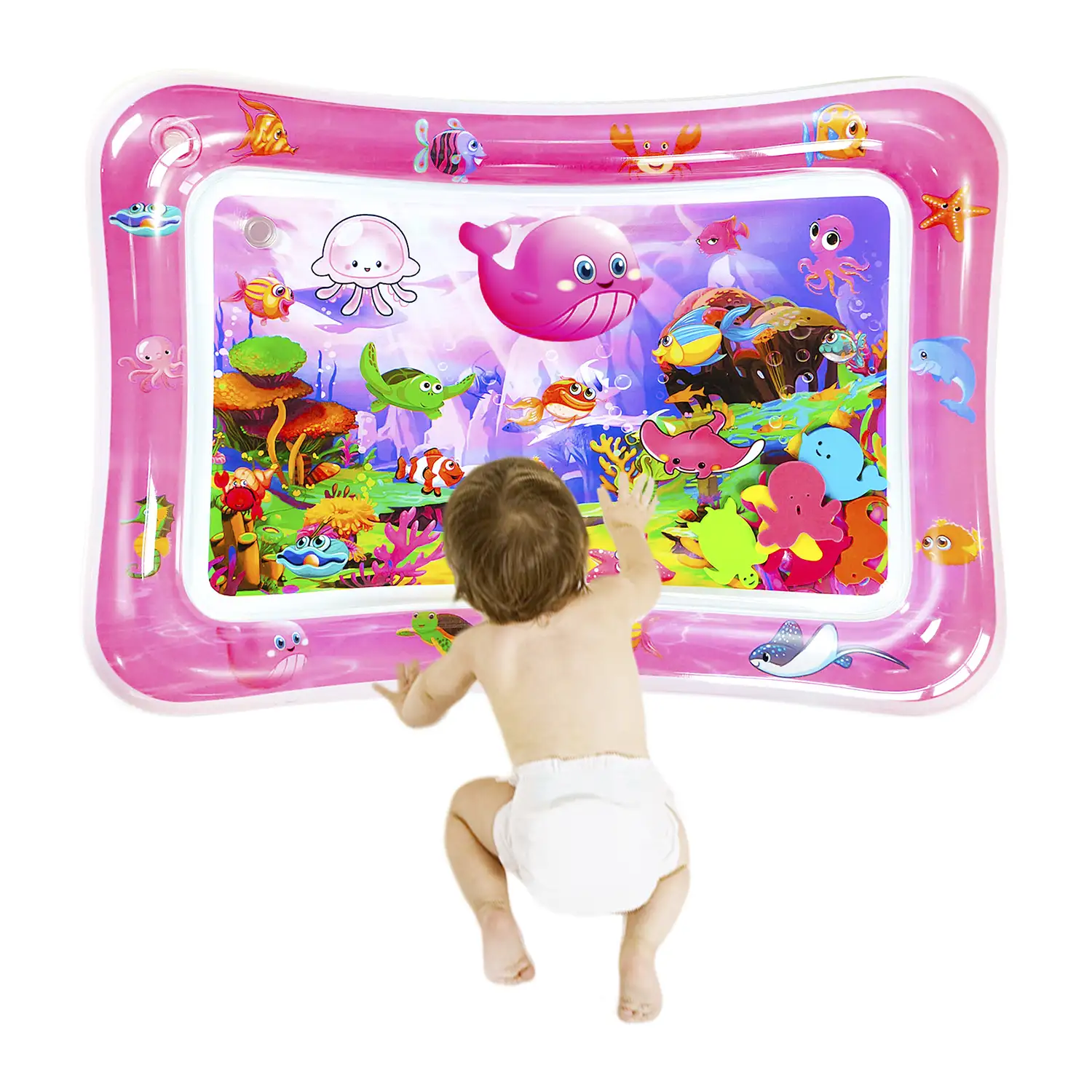Colchoneta hinchable infantil diseño fondo marino rosa. 70x50cm.