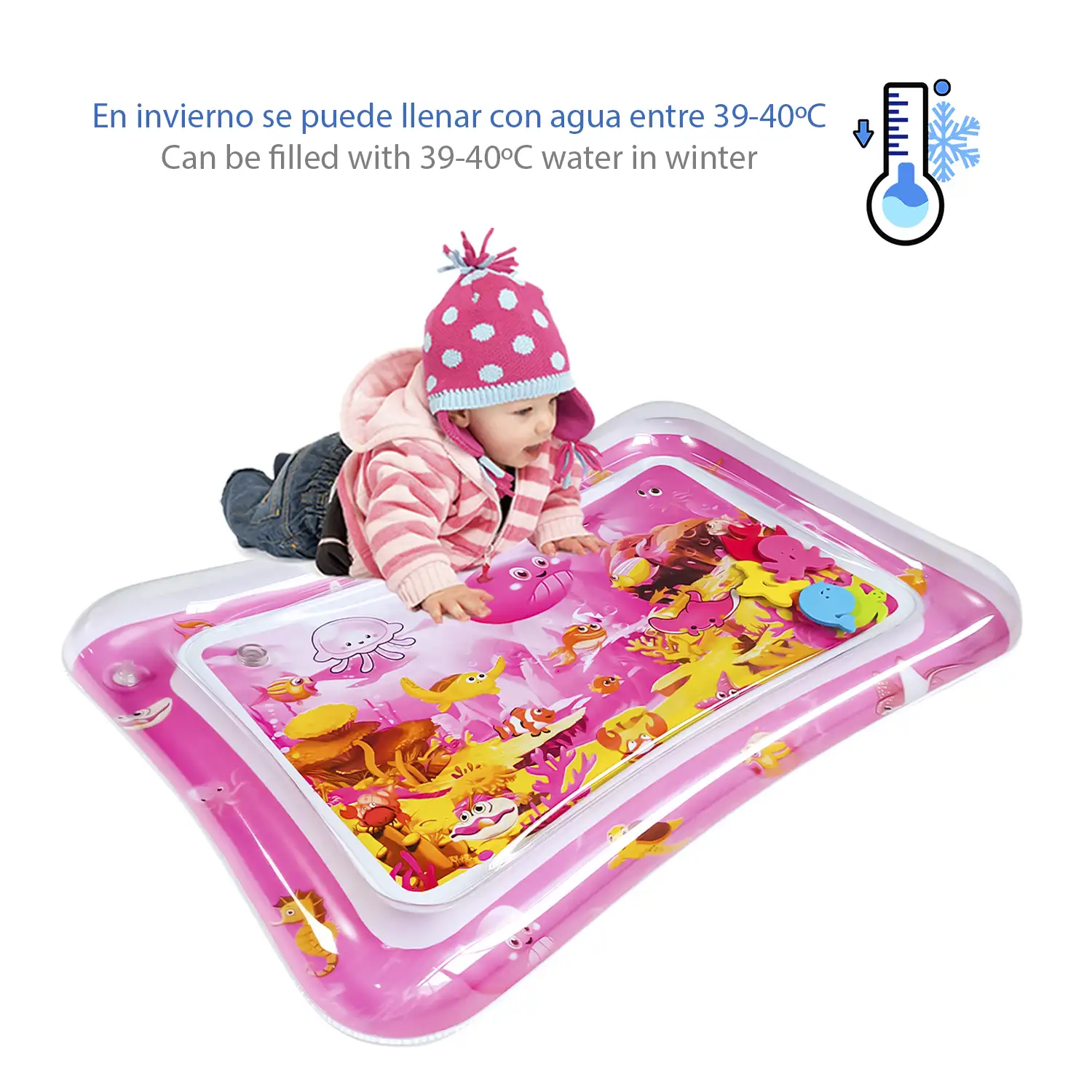 Colchoneta hinchable infantil diseño fondo marino rosa. 70x50cm.