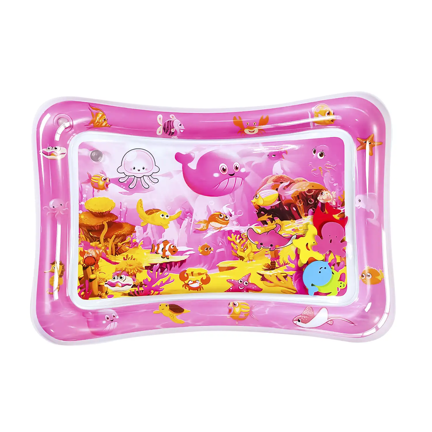 Colchoneta hinchable infantil diseño fondo marino rosáceo. 70x50cm.