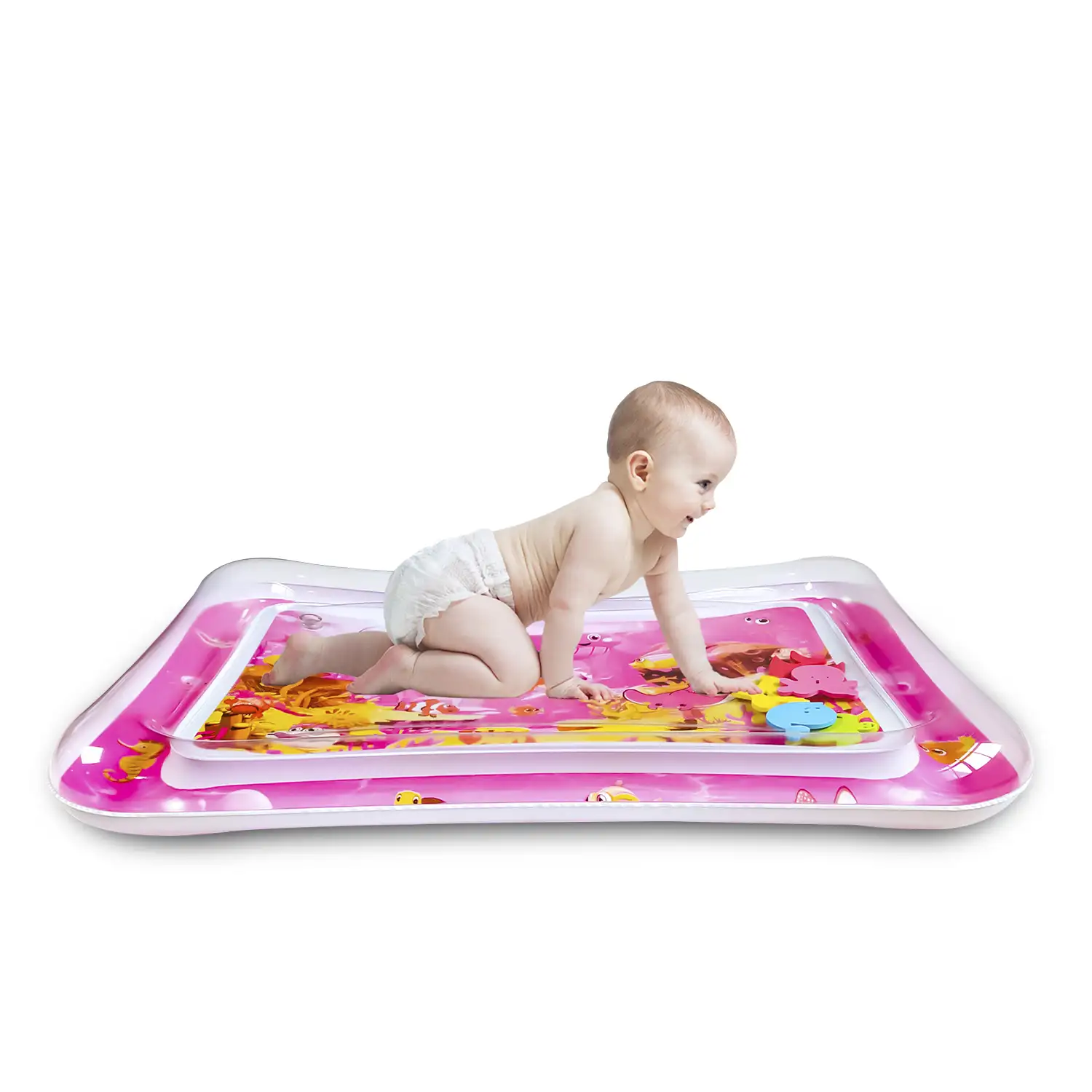 Colchoneta hinchable infantil diseño fondo marino rosáceo. 70x50cm.
