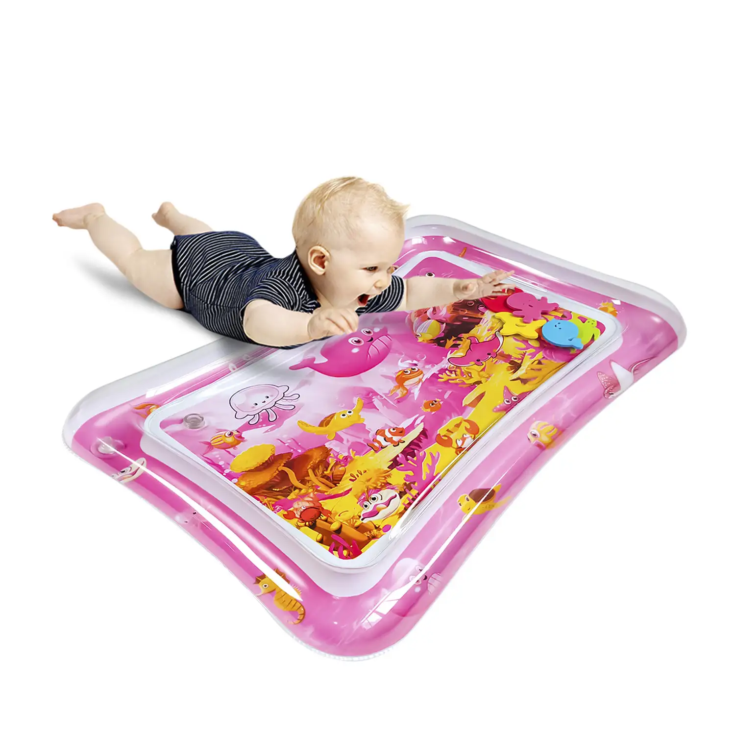 Colchoneta hinchable infantil diseño fondo marino rosáceo. 70x50cm.