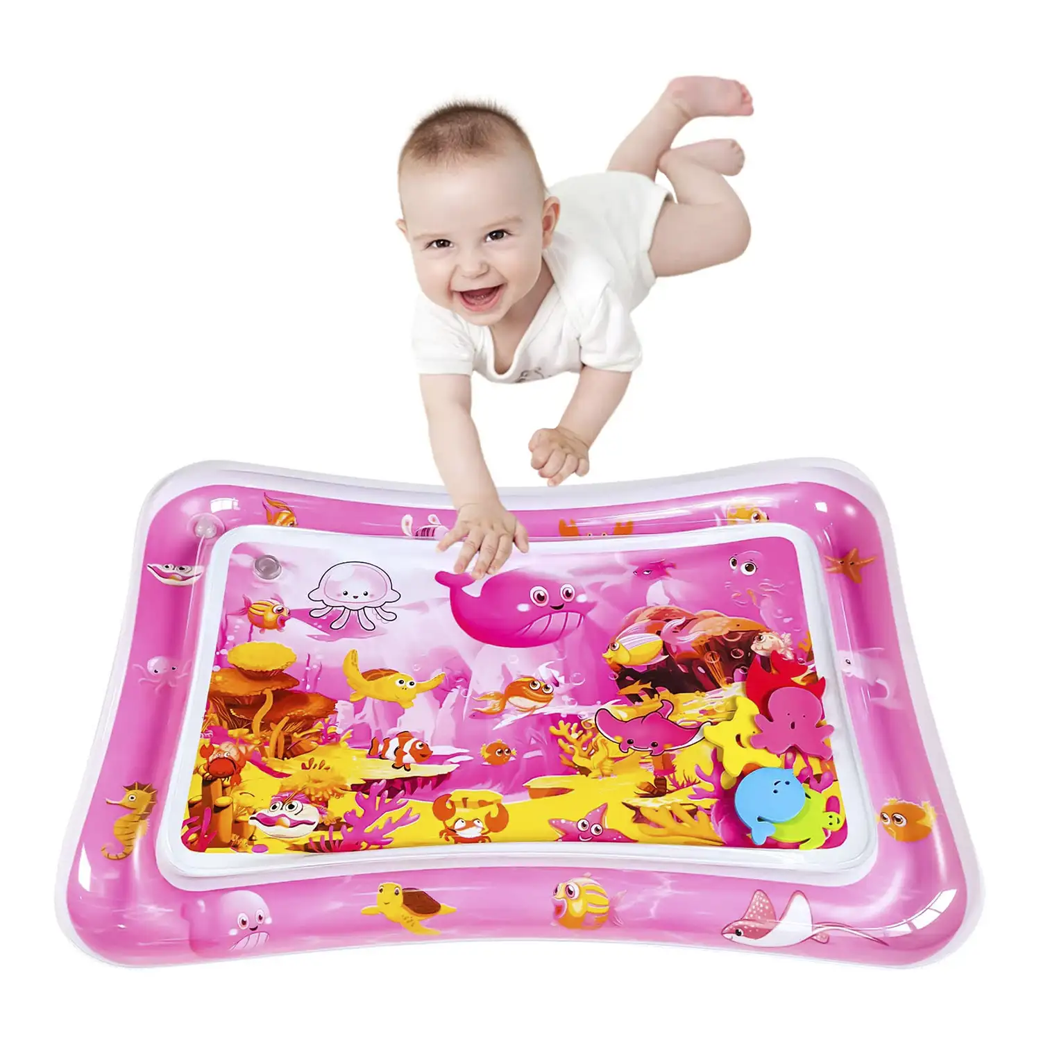 Colchoneta hinchable infantil diseño fondo marino rosáceo. 70x50cm.