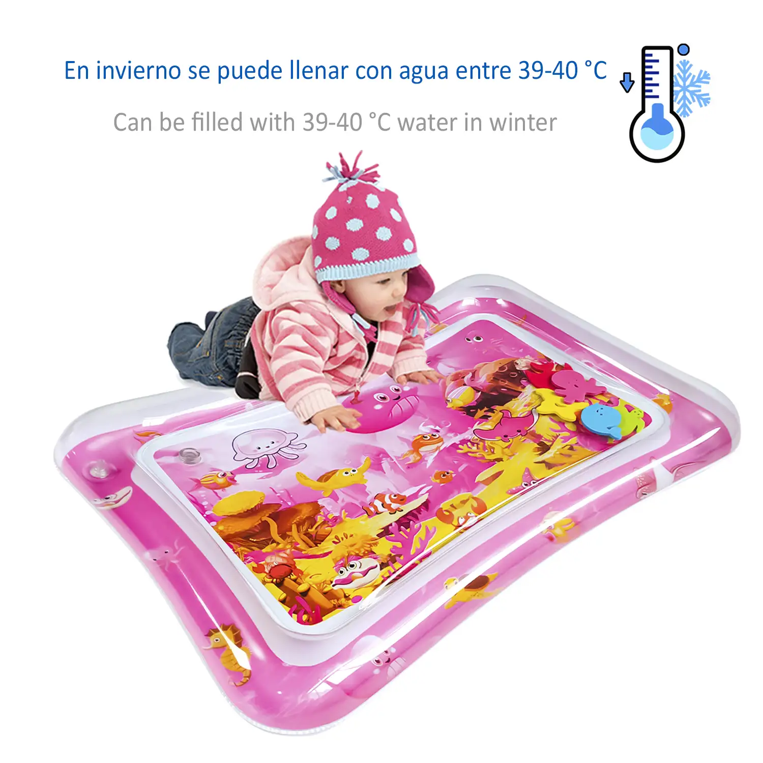 Colchoneta hinchable infantil diseño fondo marino rosáceo. 70x50cm.