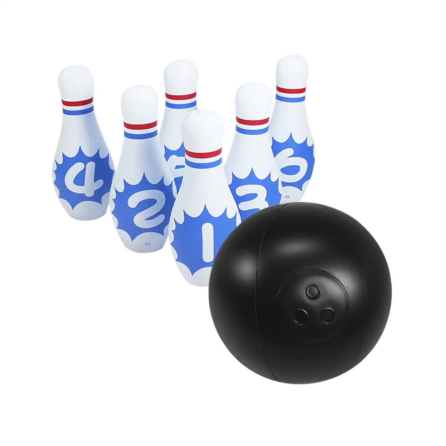 Juego de bolos hinchable, bola y 6 bolos.